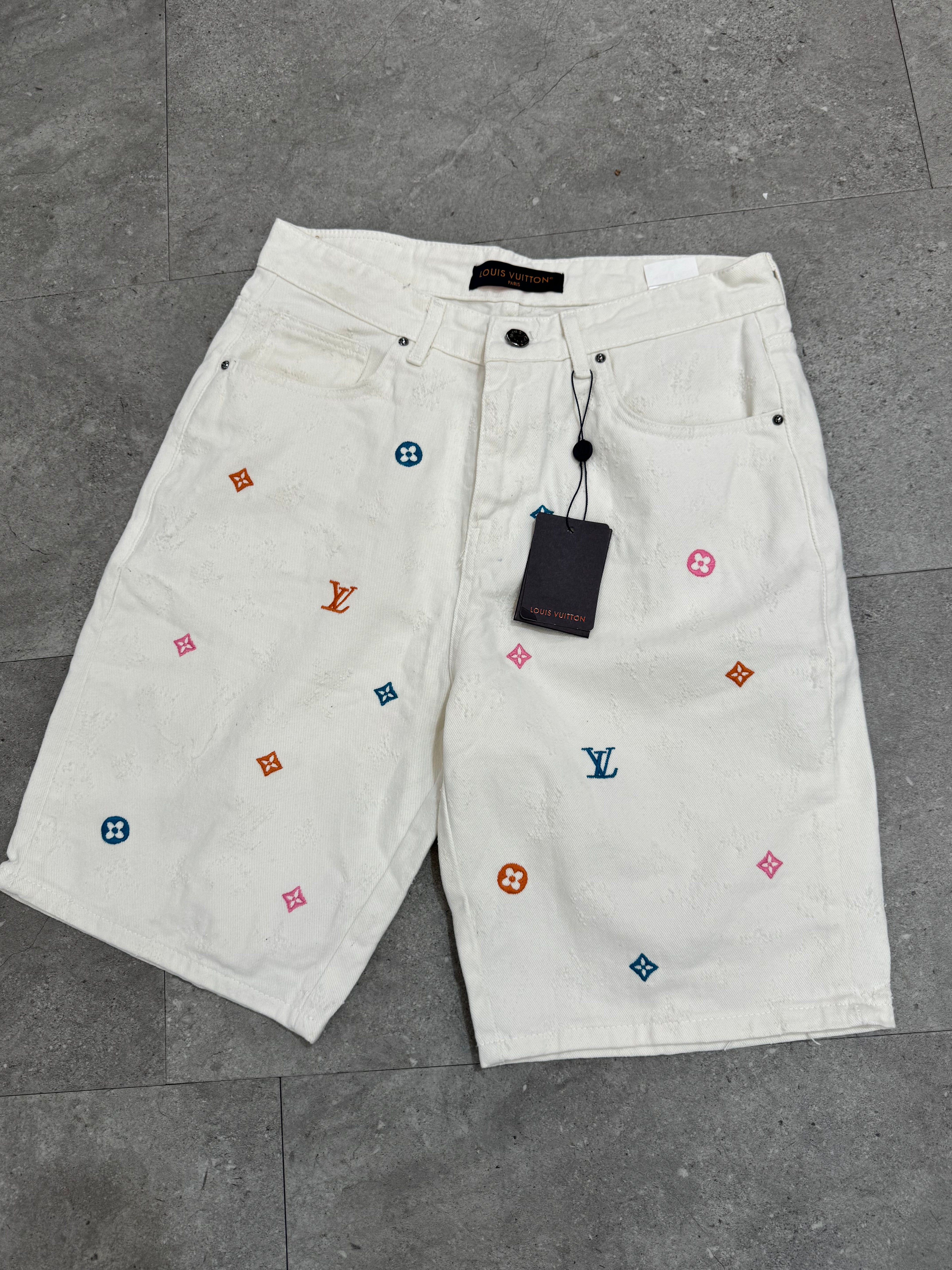 Louis Vuitton Monogram Embroidered White Denim Shorts - NEW1654