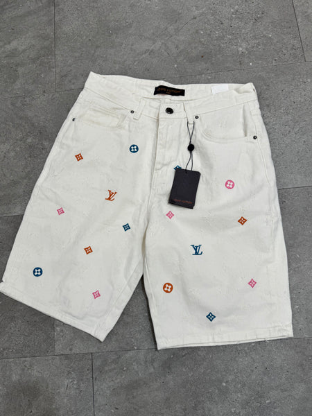 Louis Vuitton Monogram Embroidered White Denim Shorts - NEW1654