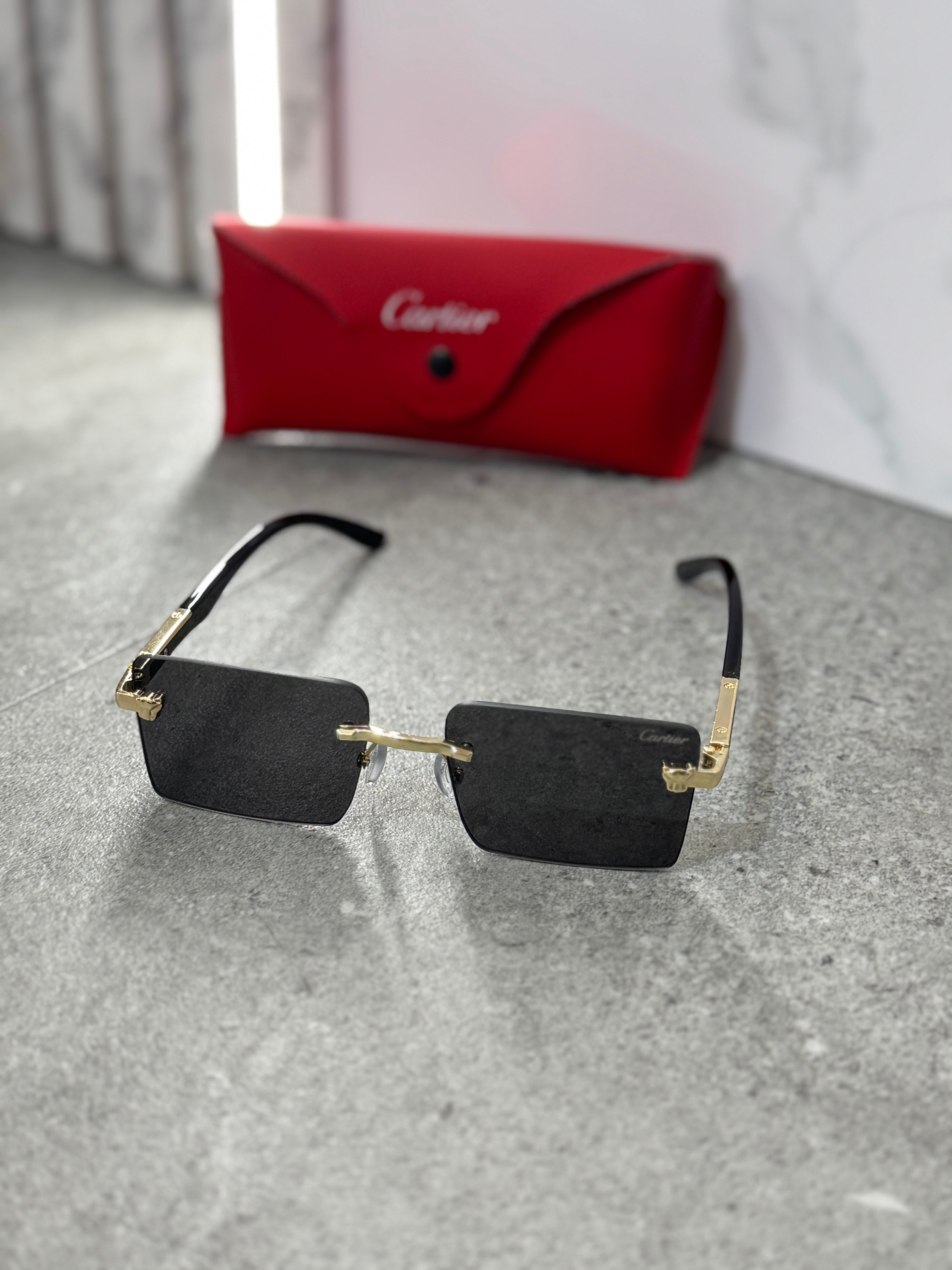 CARTIER Panthère Rimless Rectangular Sunglasses – Gold / Grey NEW1798