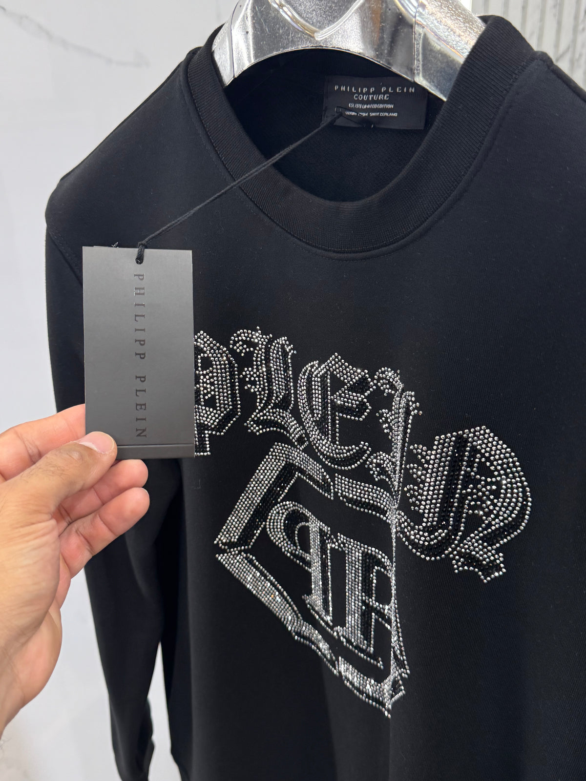 PHILIPP PLEIN Rhinestone Monogram Sweatshirt – Black - NEW1977