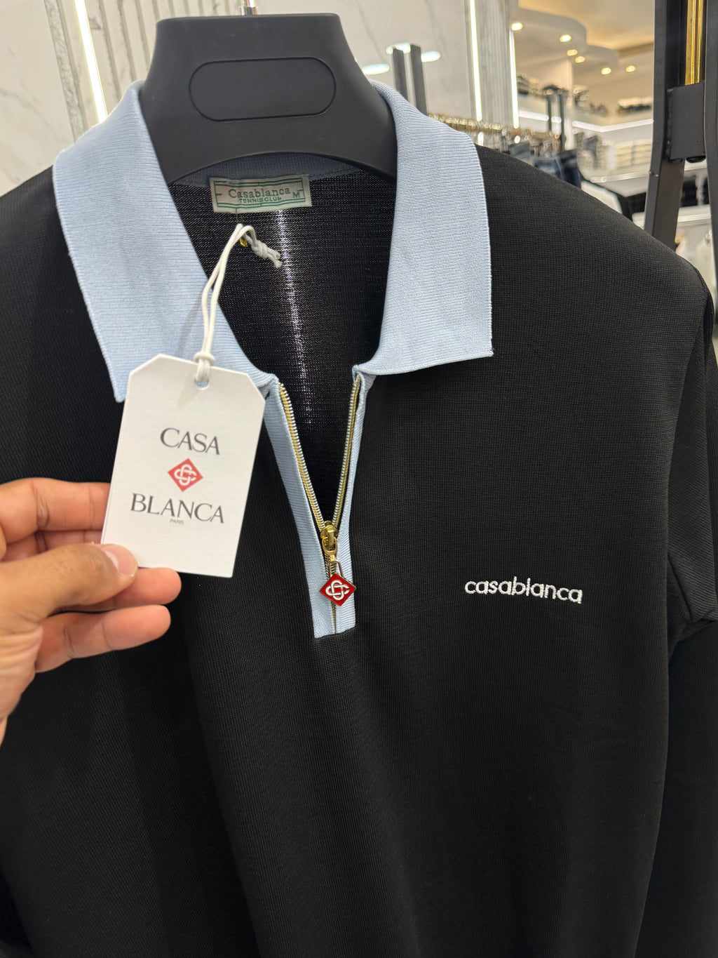 CASABLANCA Long-Sleeve Zip-Collar Polo – Black / Light Blue - NEW1864