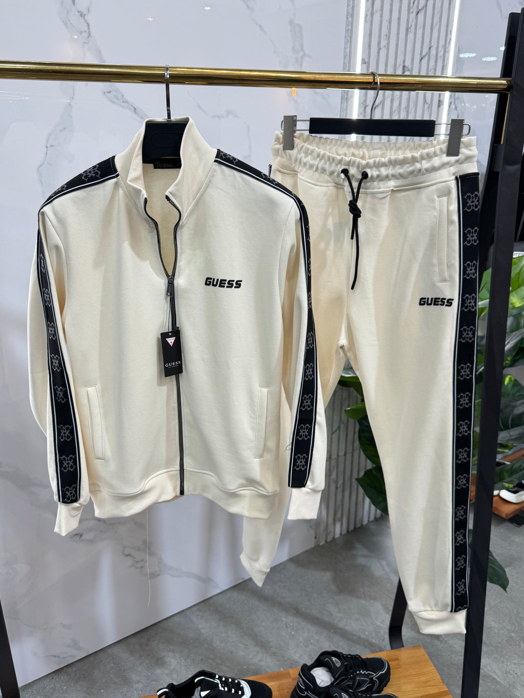 GUESS Logo Tape Tracksuit Set – Cream / Black - NEW1987