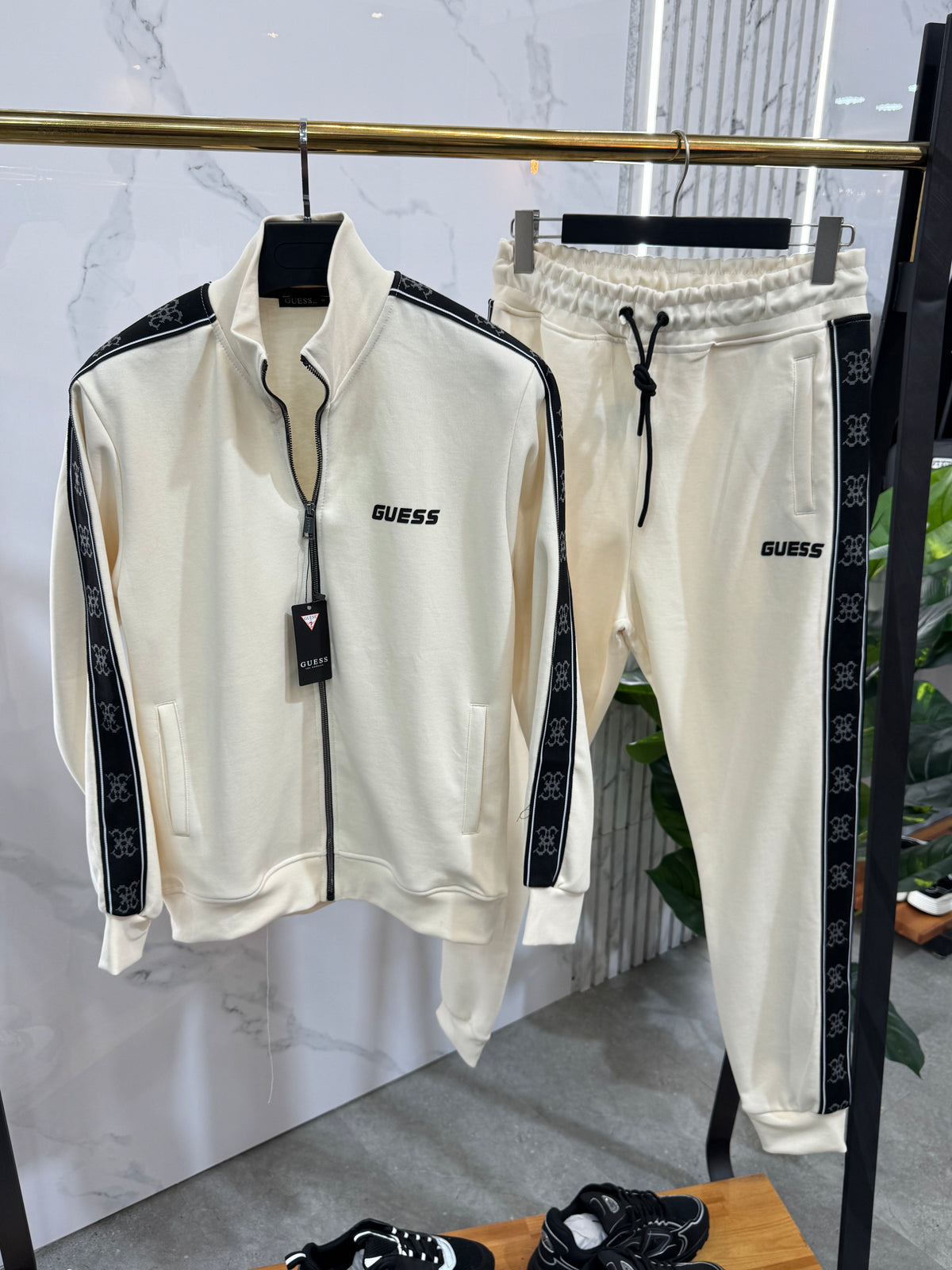 GUESS Logo Tape Tracksuit Set – Cream / Black - NEW1987