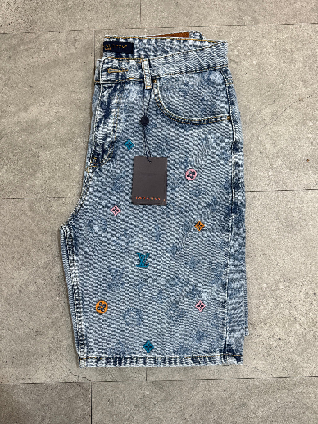 Louis Vuitton Monogram Embroidered Acid Wash Denim Shorts - NEW1655