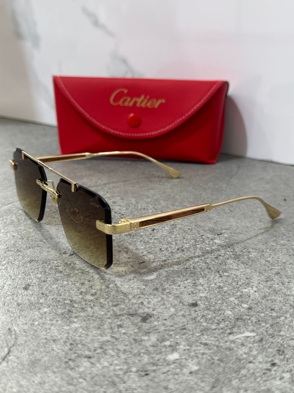 CARTIER Double Bridge Rimless Sunglasses – Gold / Gradient Brown - NEW1904