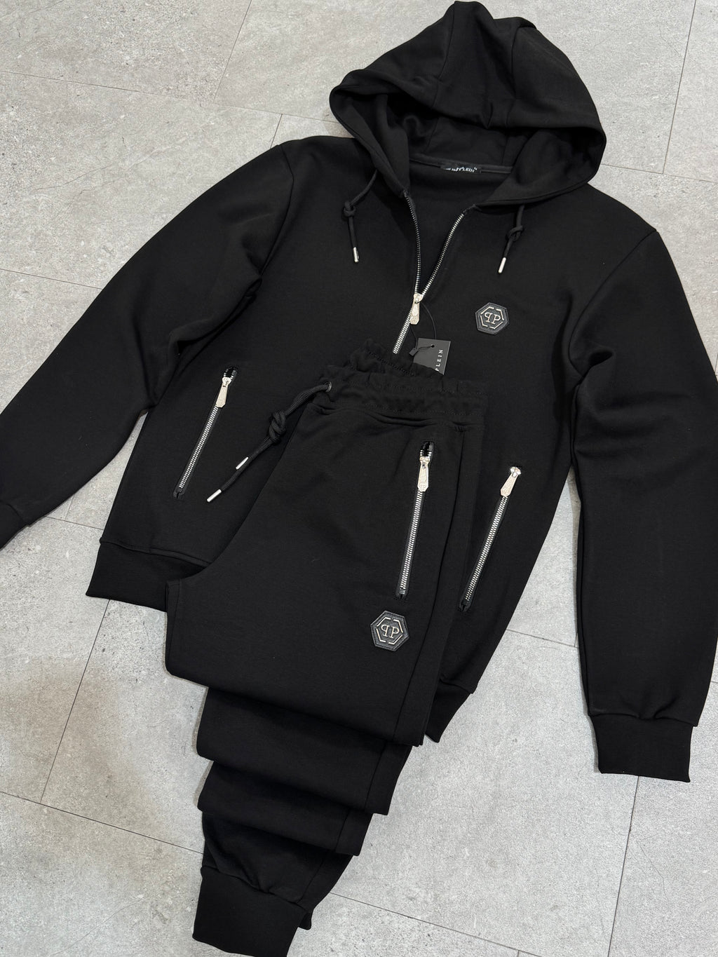 PHILIPP PLEIN Hexagon Logo Zip-Up Tracksuit – Black - NEW1945