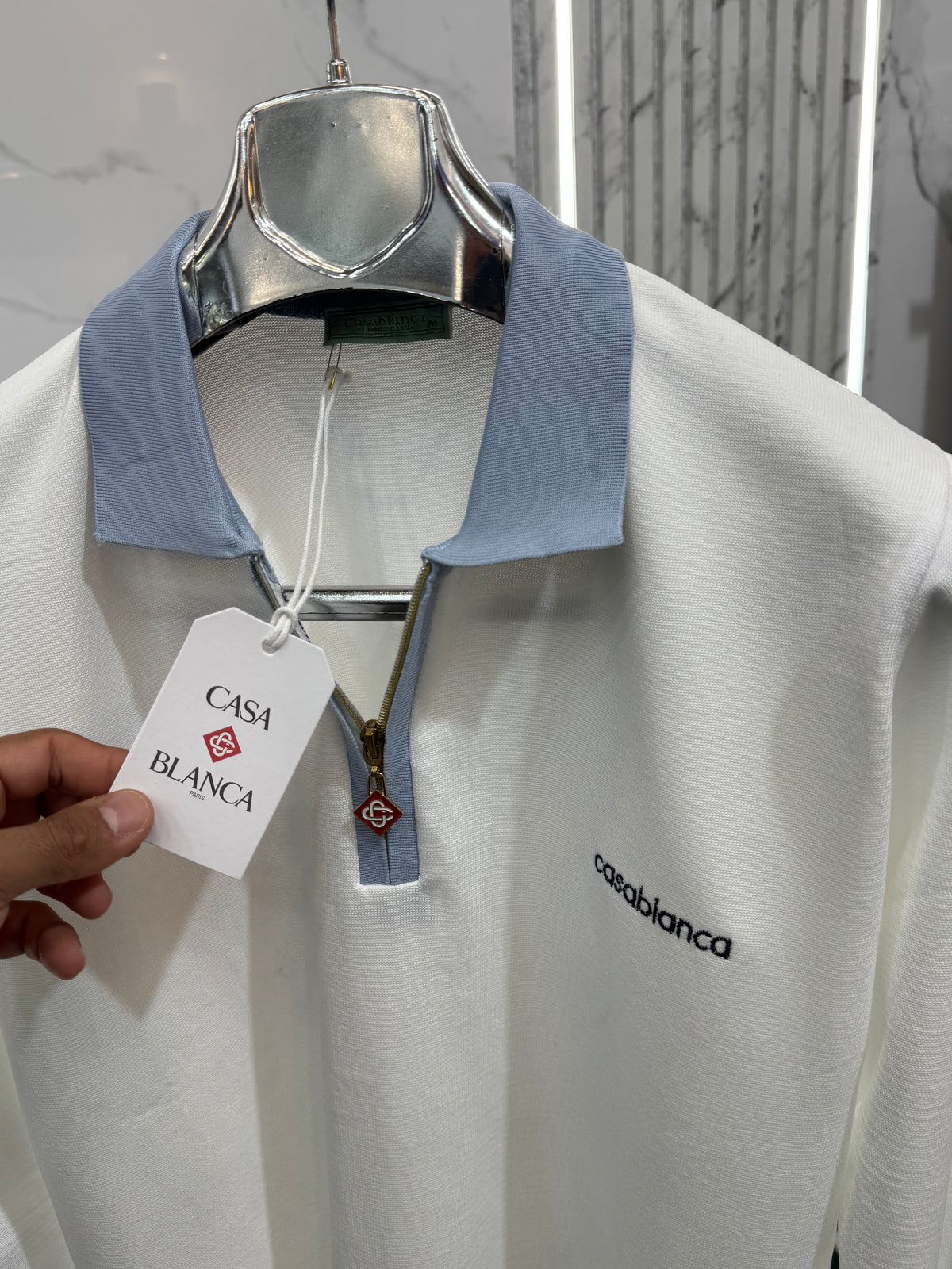 CASABLANCA Long-Sleeve Zip-Collar Polo – White / Light Blue - NEW1865