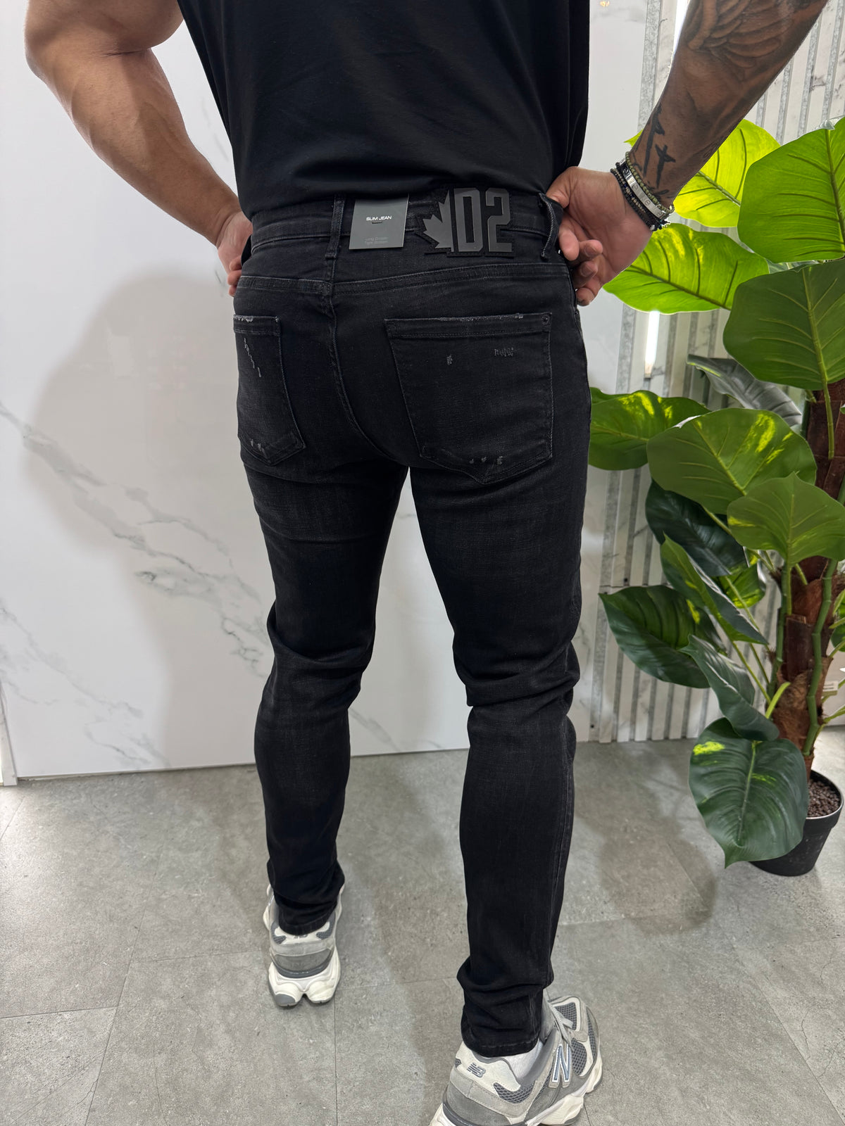 Slim Jean Leather Patch Denim – Black - NEW1886