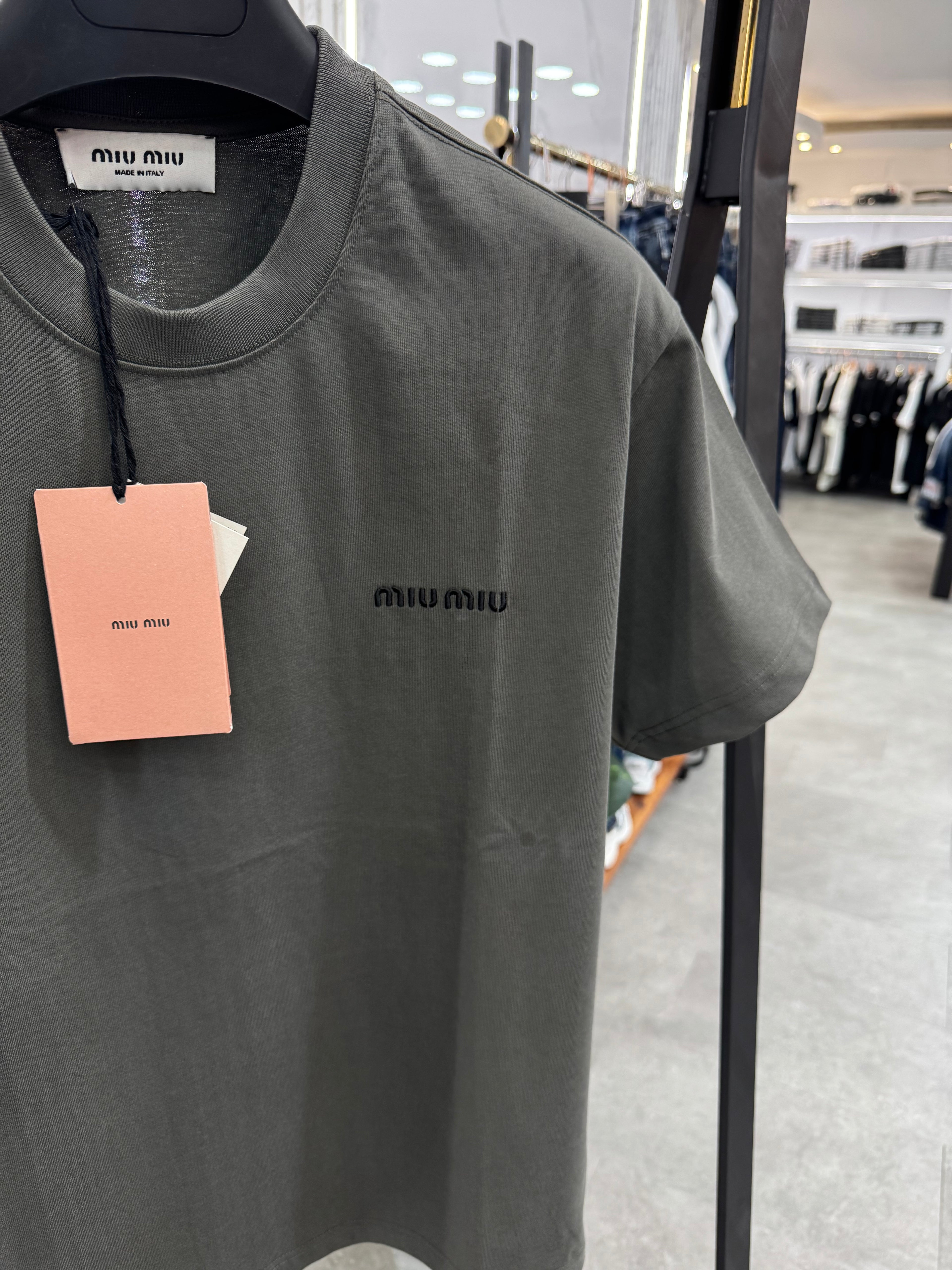 MIU MIU Embroidered Logo T-Shirt – Khaki / Olive - NEW1775