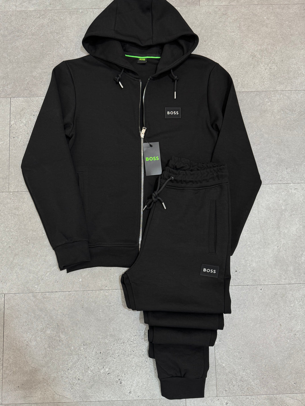 BOSS Silicone Patch Zipped Hoodie Tracksuit Set – Black - NEW1988