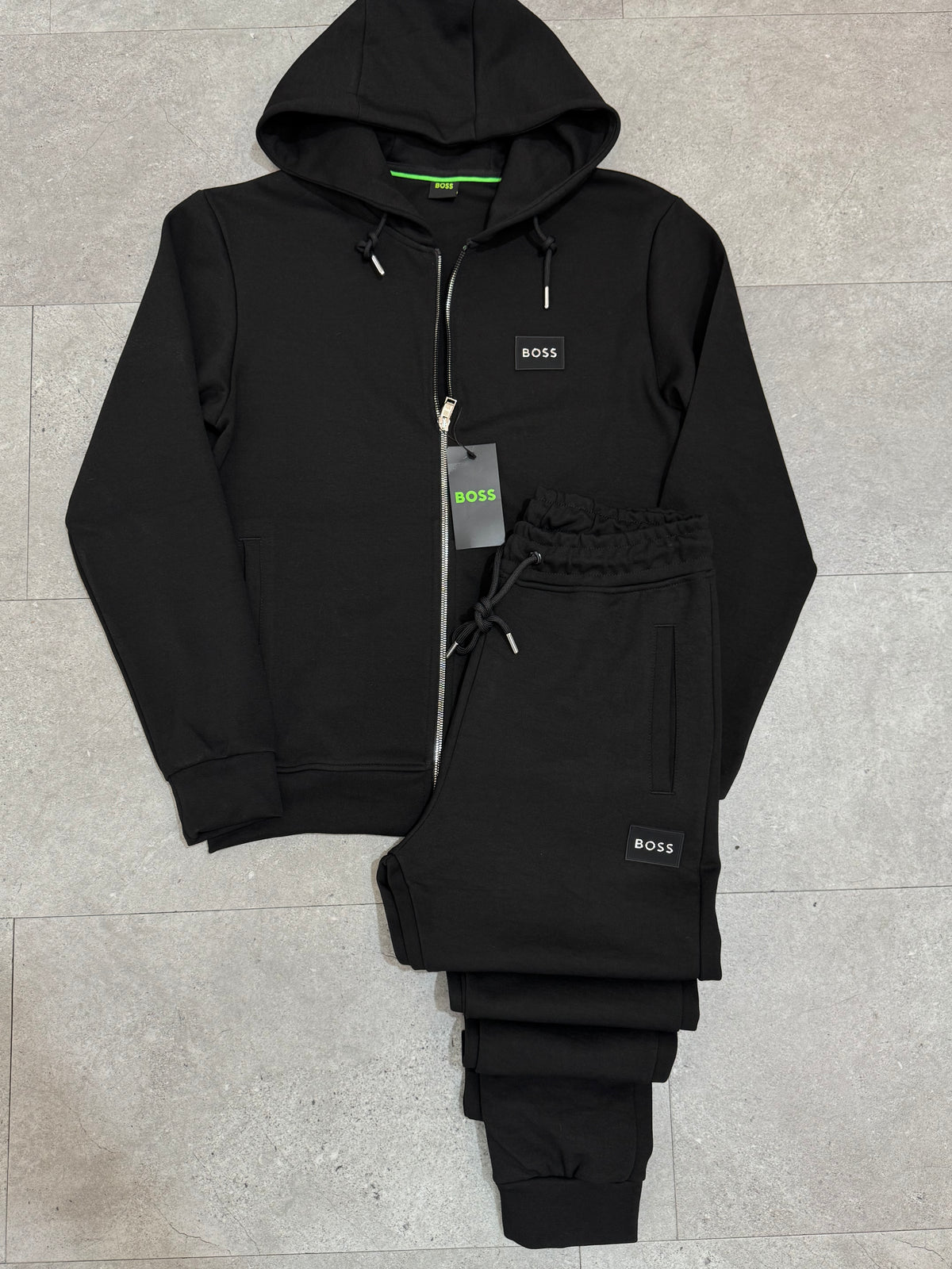 BOSS Silicone Patch Zipped Hoodie Tracksuit Set – Black - NEW1988