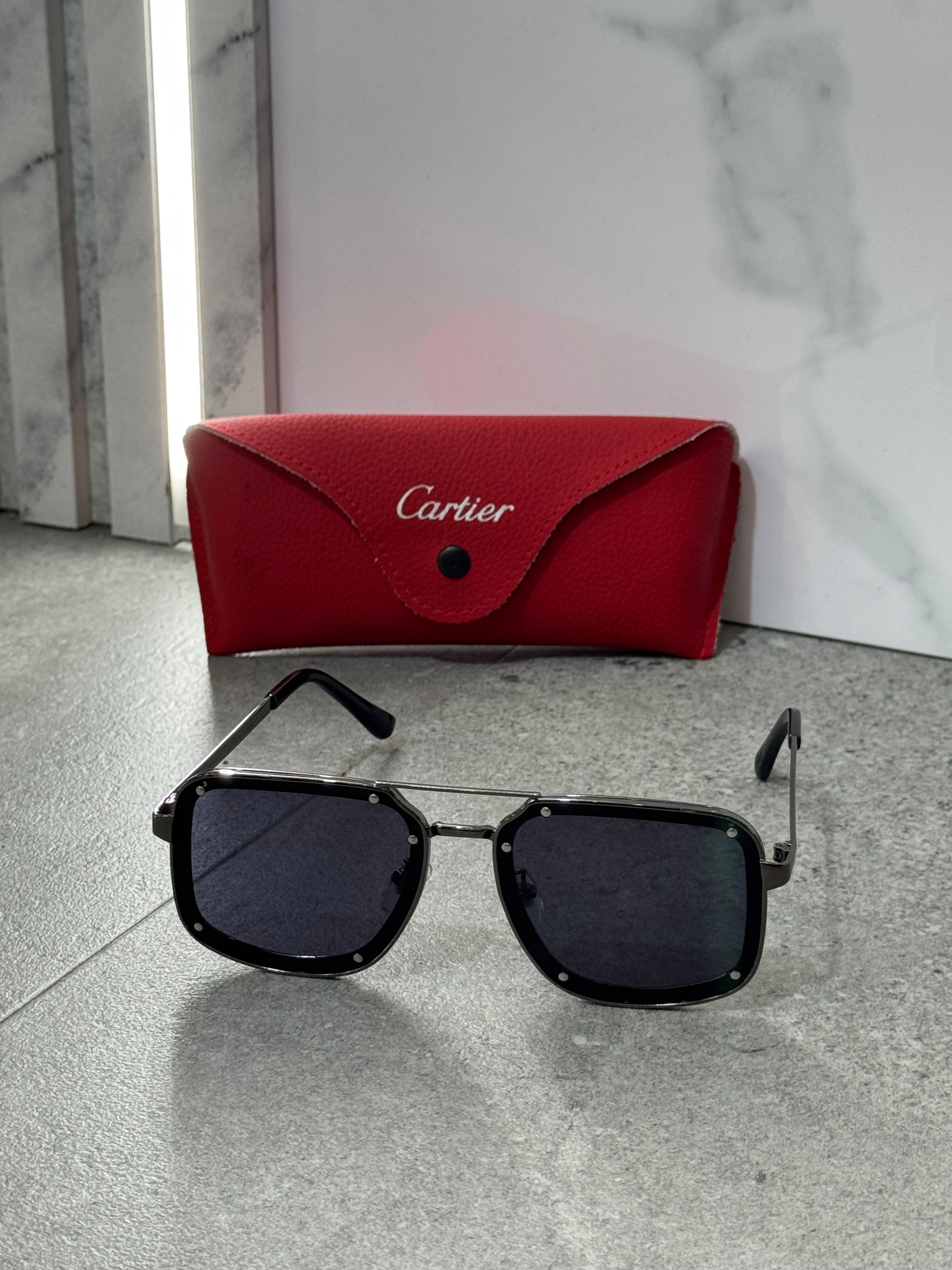 CARTIER Santos Rivet Square Sunglasses – Gunmetal / Black - NEW1790