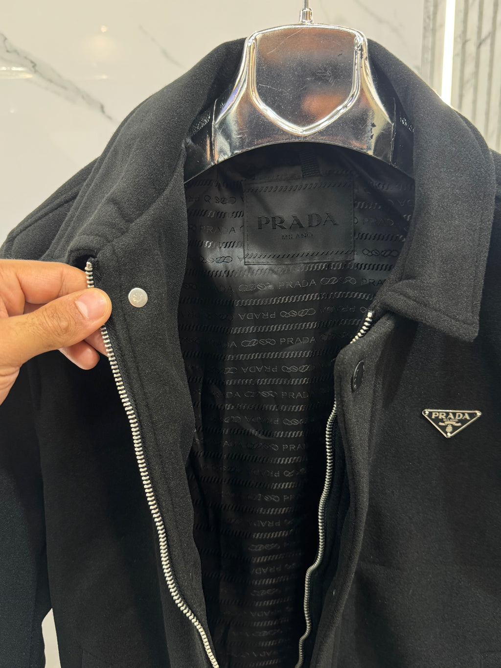 PRADA Enamelled Triangle Logo Harrington Jacket – Black - NEW1933