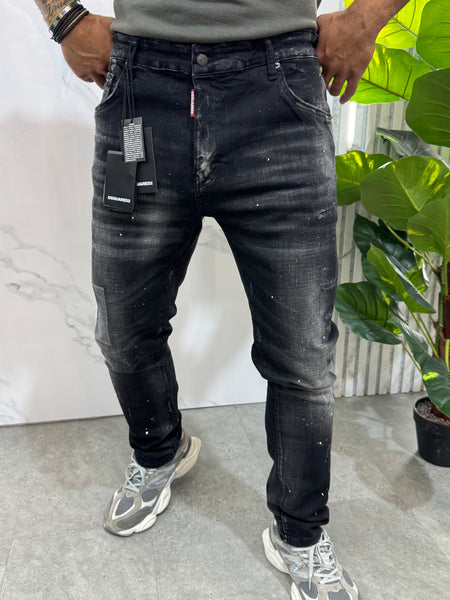 Skater Jeans Red Logo Patch Distressed Denim – Black Wash - NEW1992