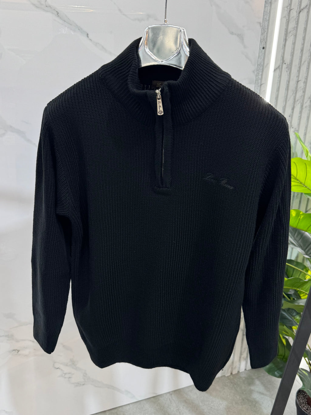 LORO PIANA Ribbed Half-Zip Knit Sweater – Black - NEW1956