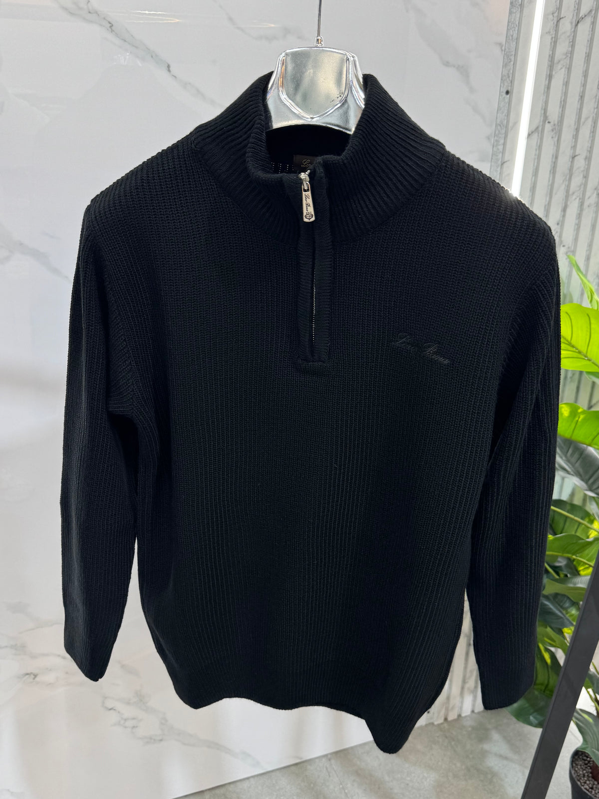 LORO PIANA Ribbed Half-Zip Knit Sweater – Black - NEW1956