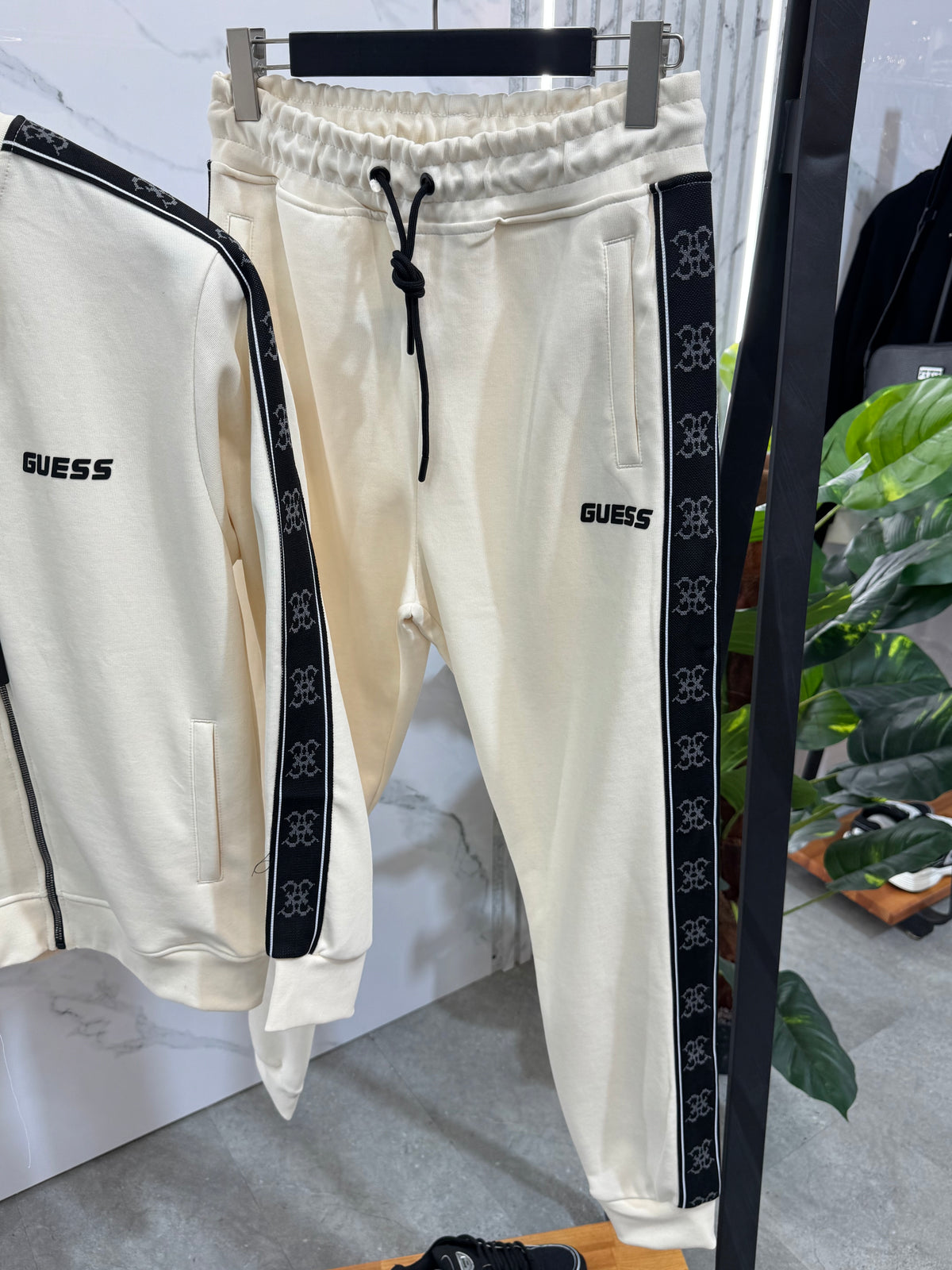 GUESS Logo Tape Tracksuit Set – Cream / Black - NEW1987