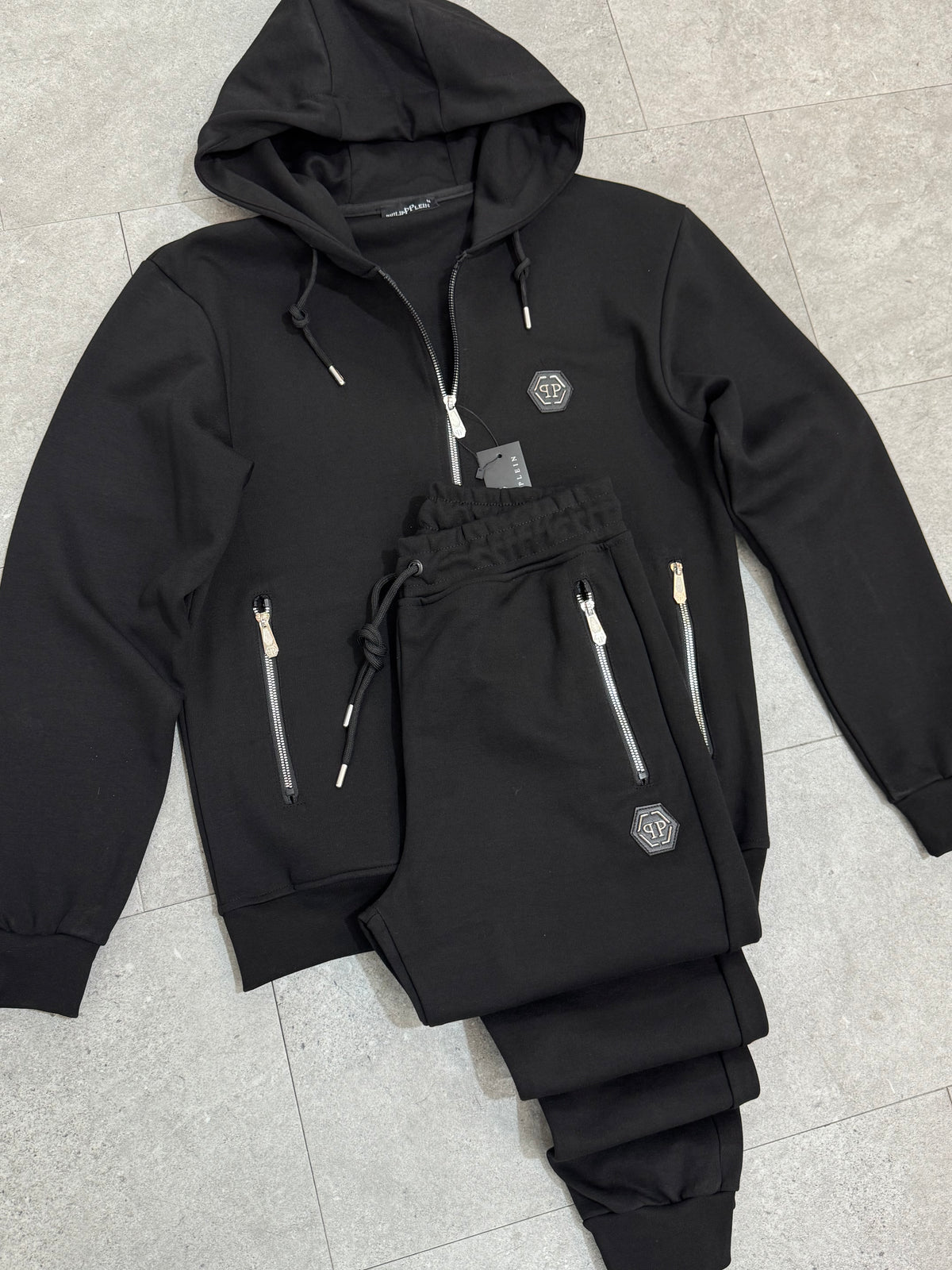 PHILIPP PLEIN Hexagon Logo Zip-Up Tracksuit – Black - NEW1945