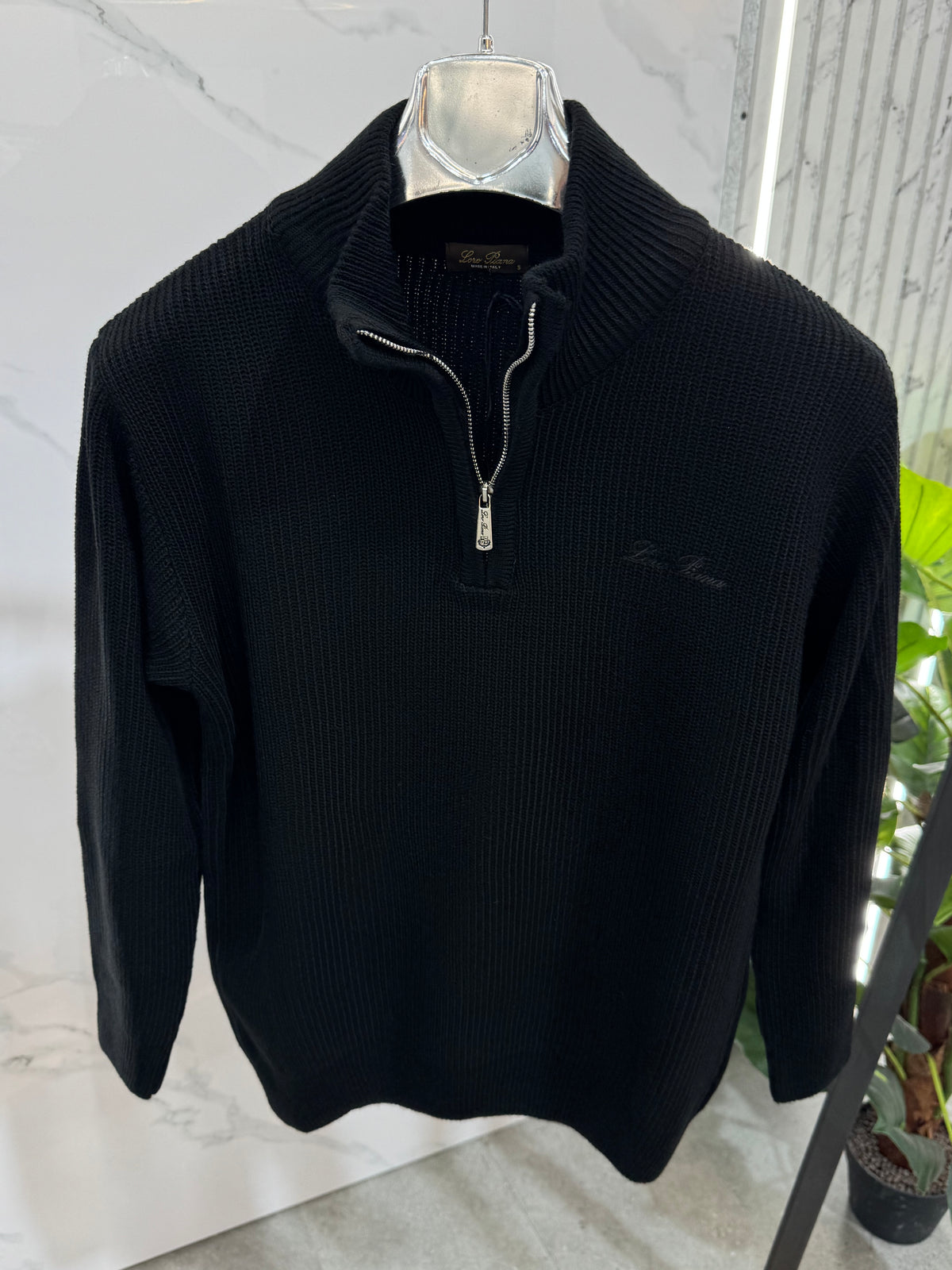 LORO PIANA Ribbed Half-Zip Knit Sweater – Black - NEW1956