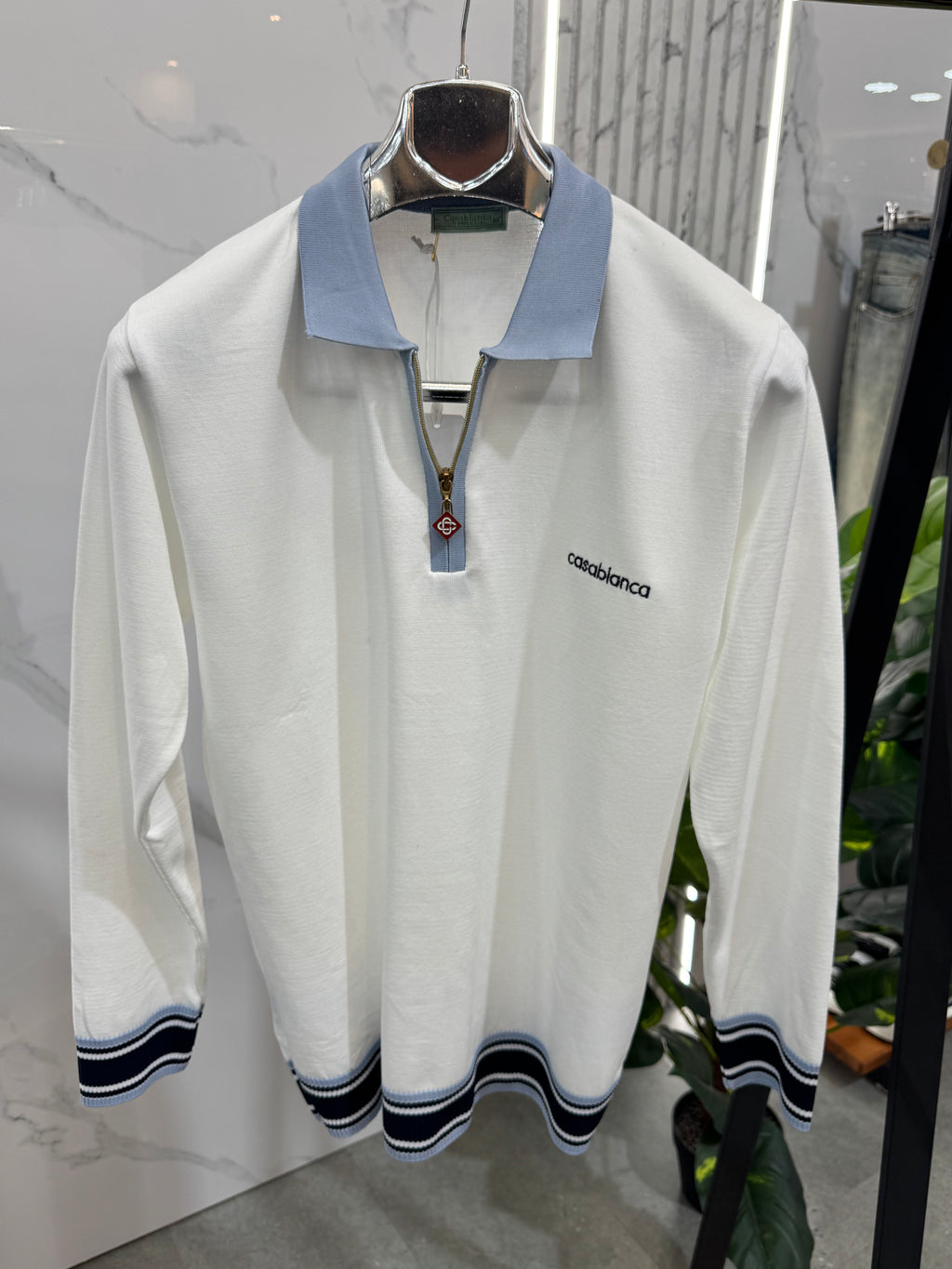 CASABLANCA Long-Sleeve Zip-Collar Polo – White / Light Blue - NEW1865
