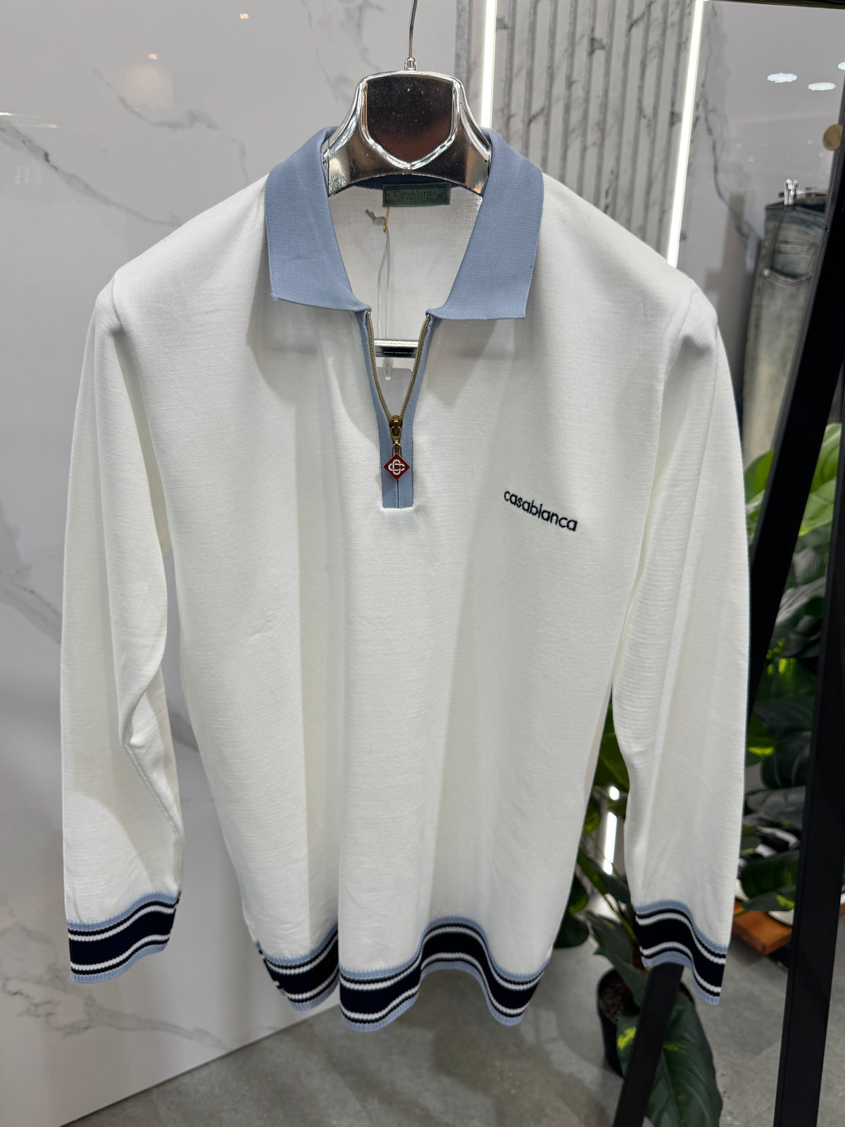 CASABLANCA Long-Sleeve Zip-Collar Polo – White / Light Blue - NEW1865