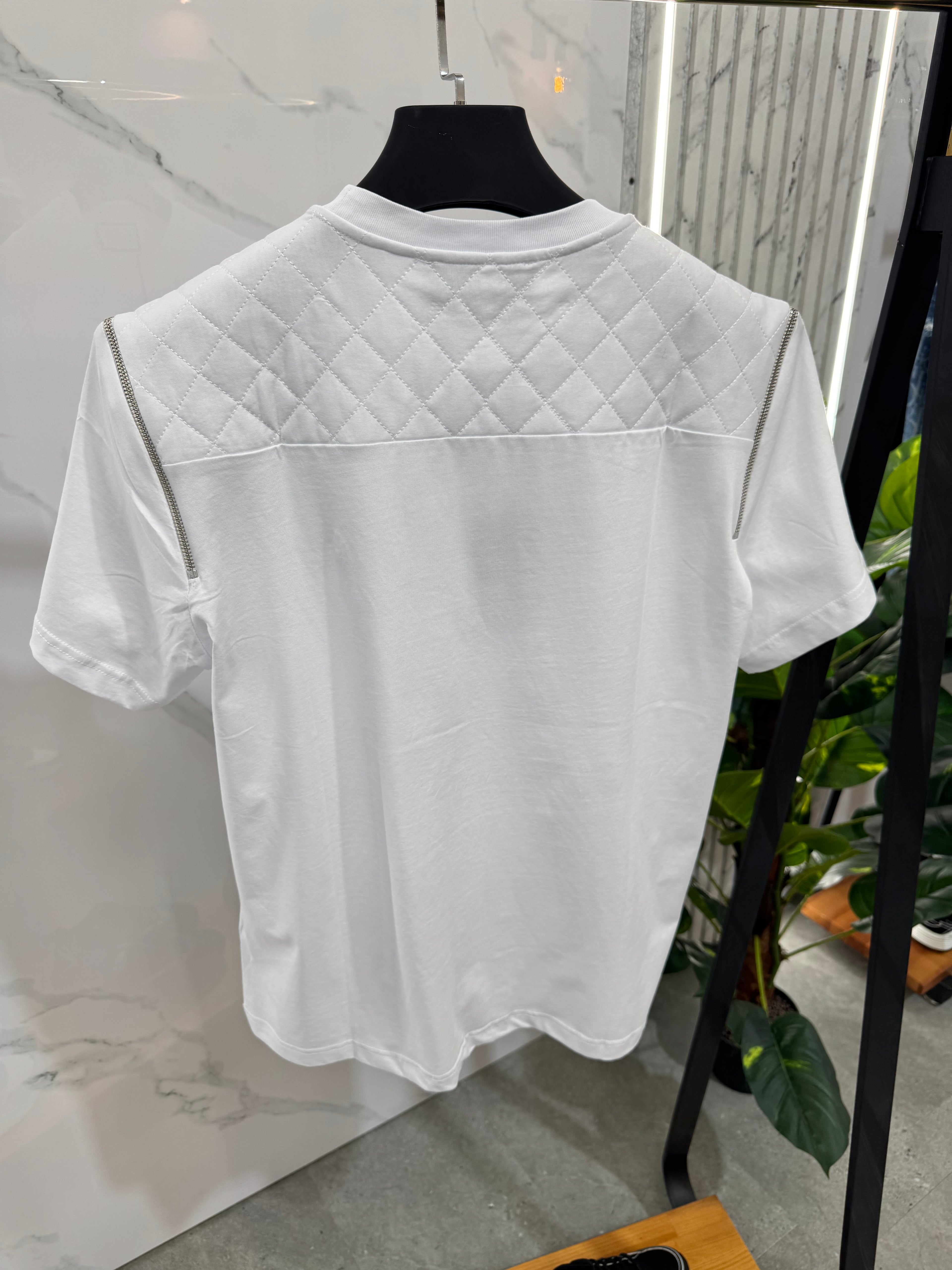 PHILIPP PLEIN Quilted Shoulder Zipper T-Shirt – White - NEW1763