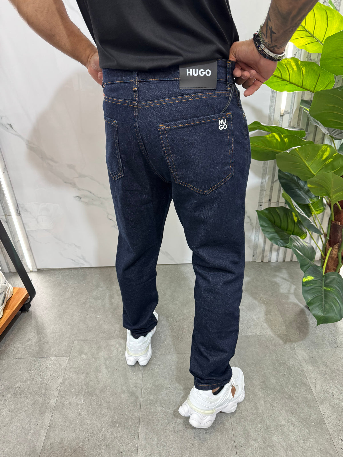 HUGO Embroidered Pocket Raw Slim Denim Jeans – Dark Raw Indigo - NEW1997