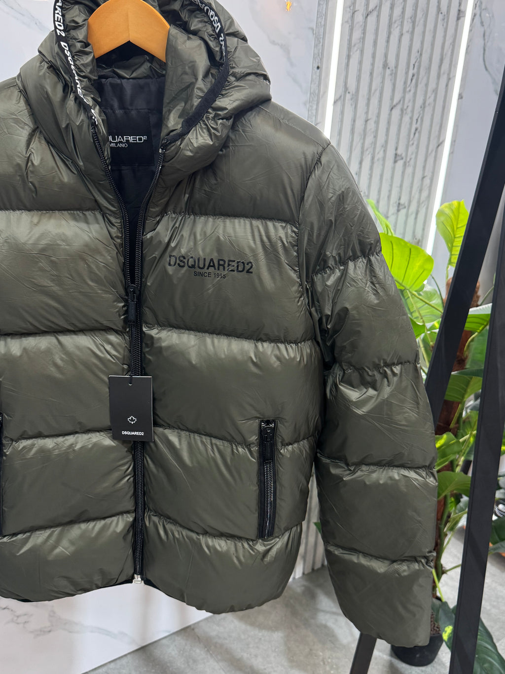 Glossy Hooded Puffer Jacket – Khaki - NEW1934