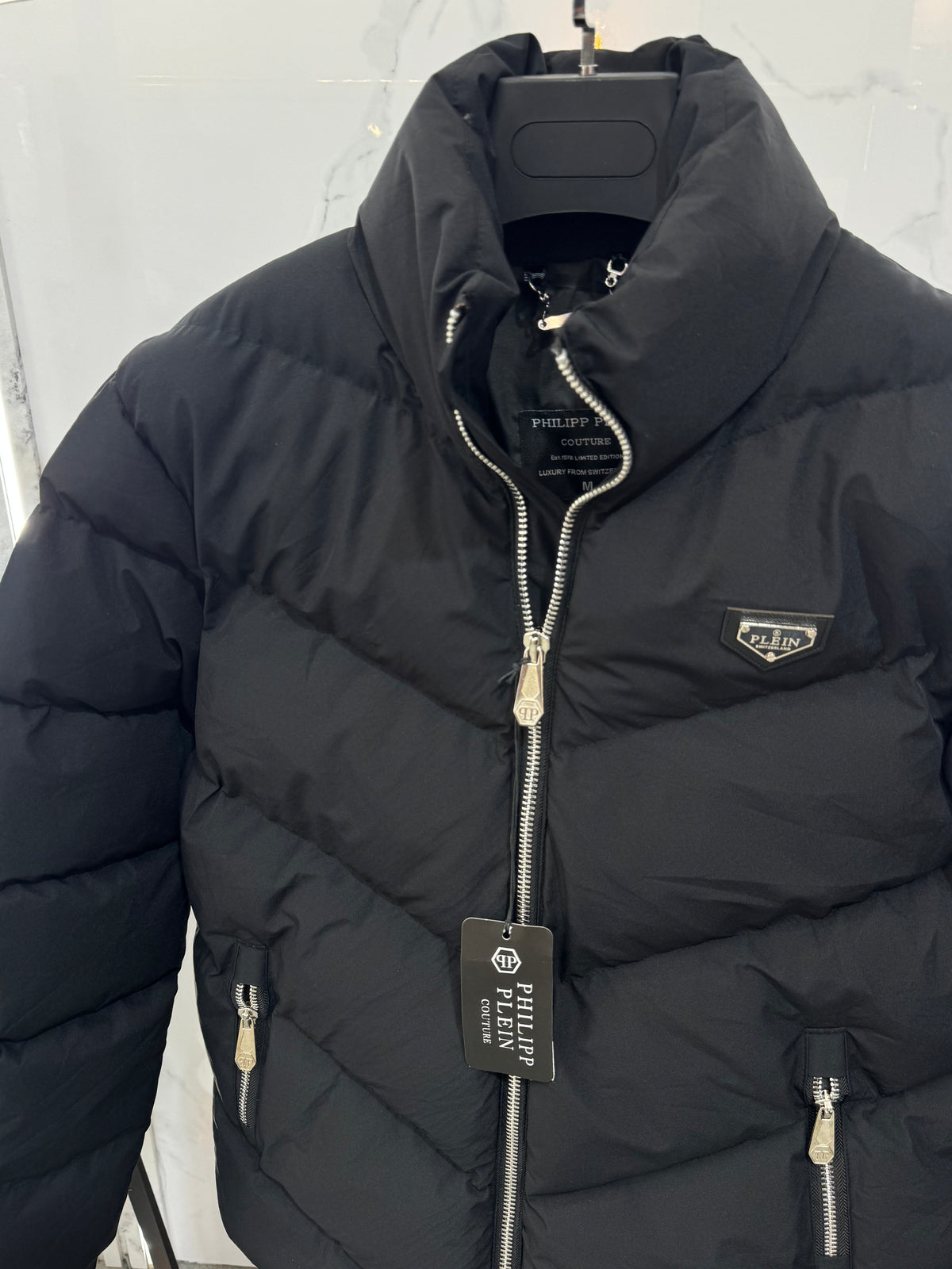 PHILIPP PLEIN Chevron Quilted Puffer Jacket – Black - NEW1983