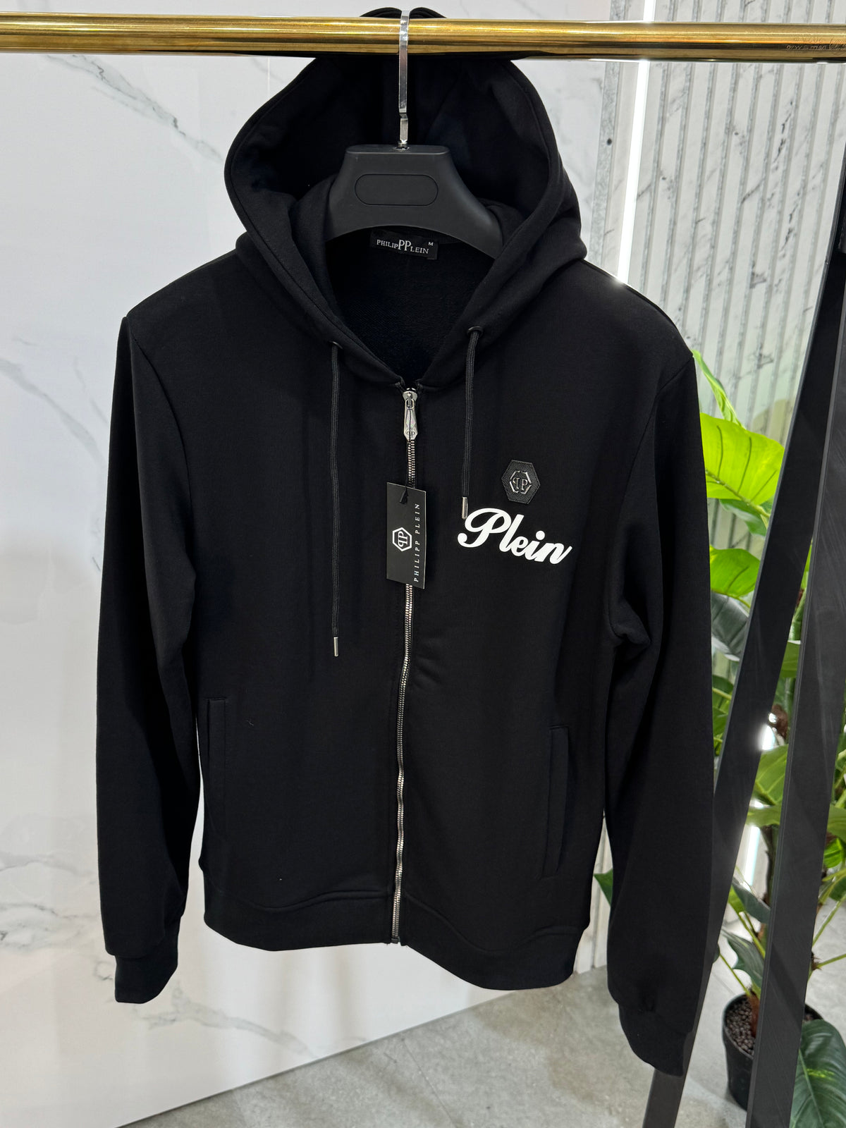 PHILIPP PLEIN Script Logo Hexagon Zipped Hoodie – Black - NEW1980