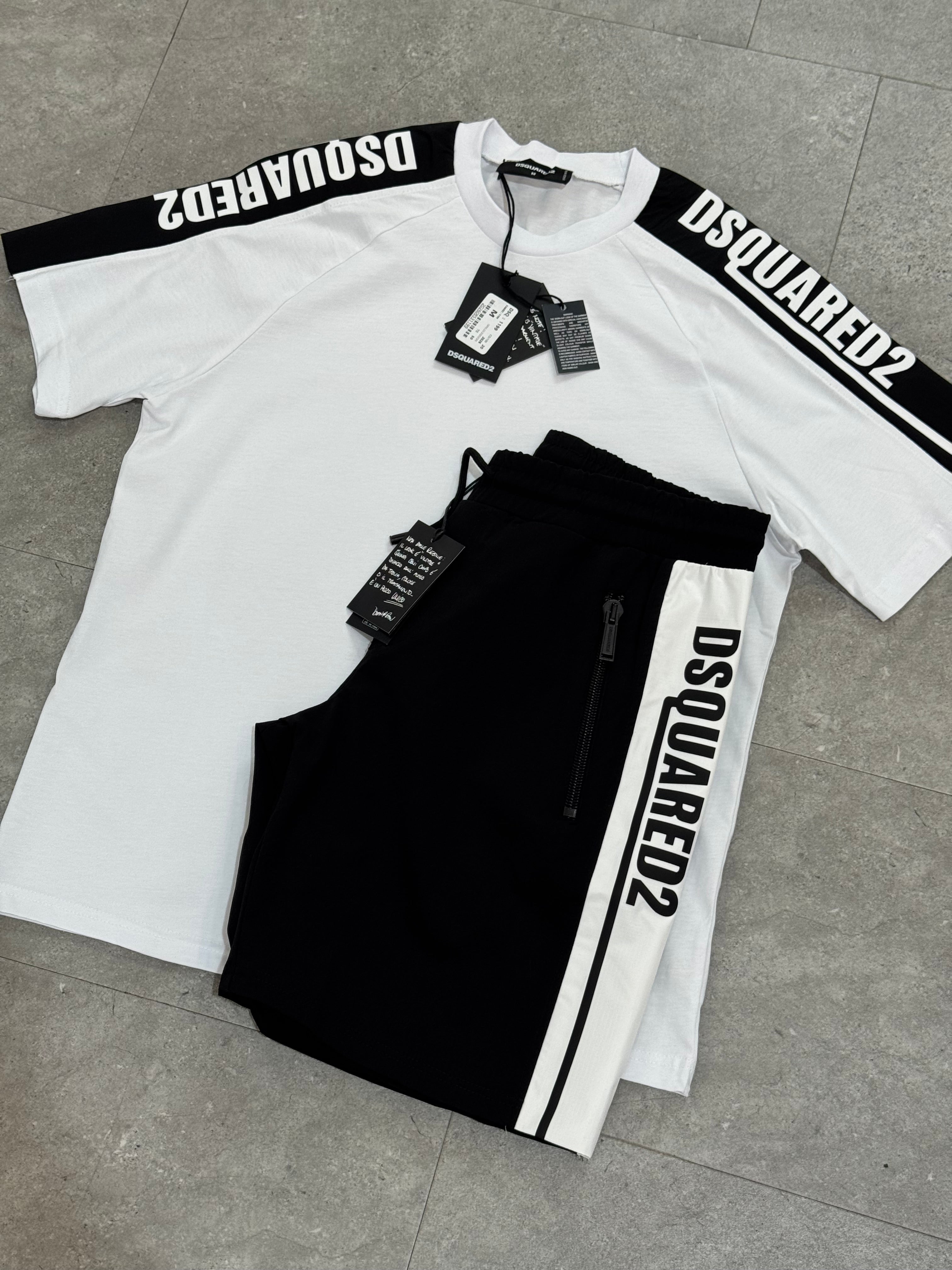 DSQUARED2 Side-Stripe Logo T-Shirt & Shorts Set – White/Black - NEW1785