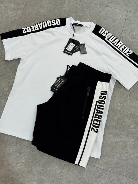 DSQUARED2 Side-Stripe Logo T-Shirt & Shorts Set – White/Black - NEW1785