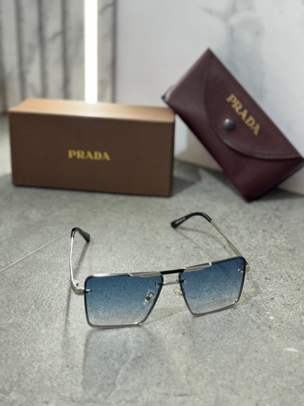 PRADA Rimless Gradient Square Sunglasses – Silver / Blue NEW1795