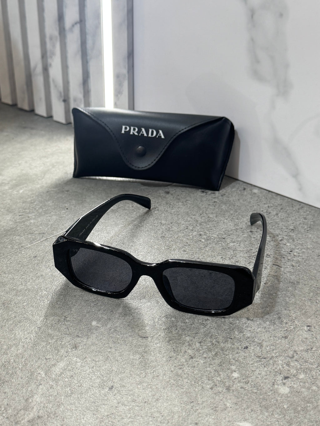 PRADA Symbole Rectangular Sunglasses – Solid Black NEW1800