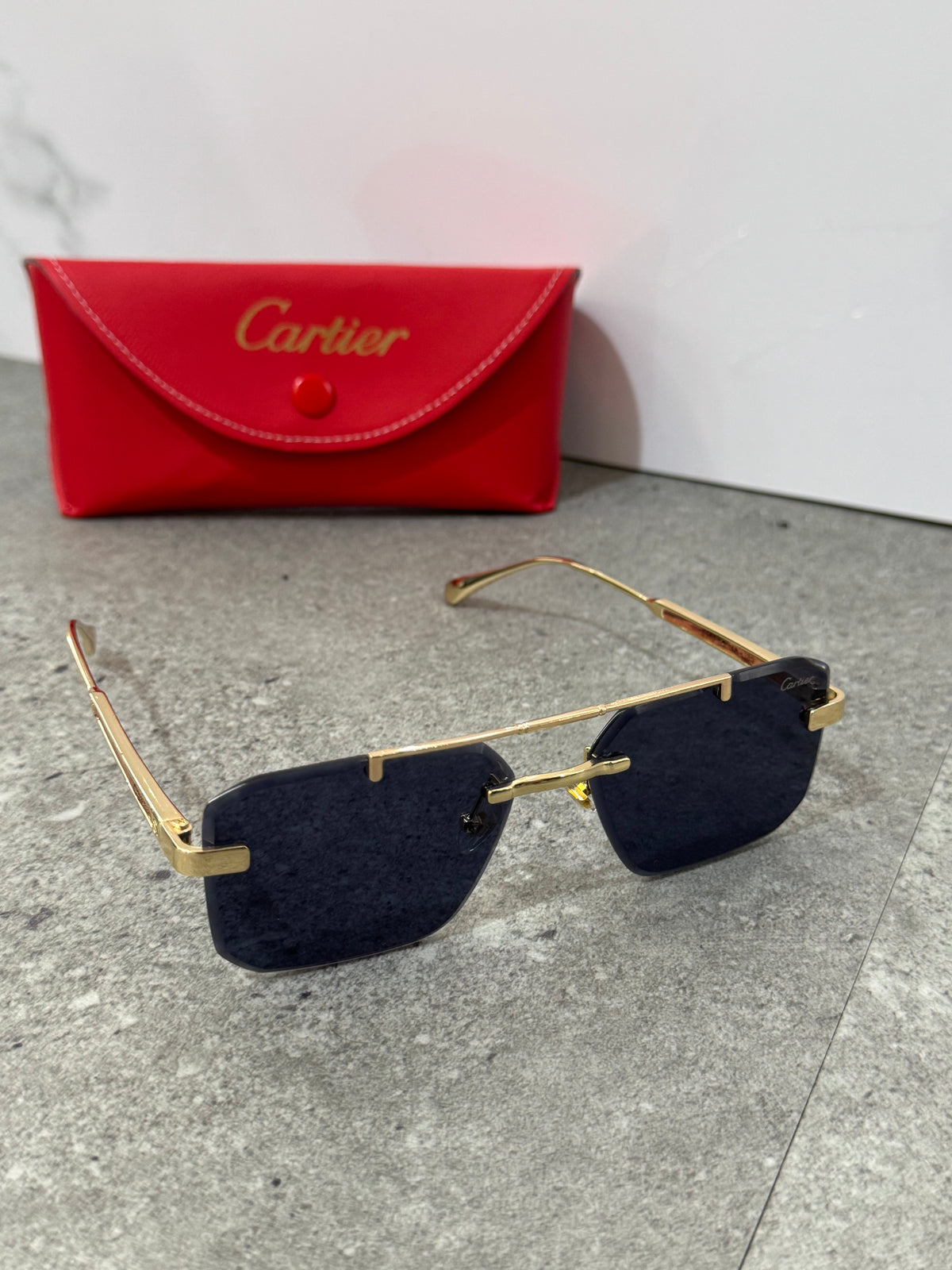 CARTIER Double Bridge Rimless Sunglasses – Gold / Dark Blue - NEW1908