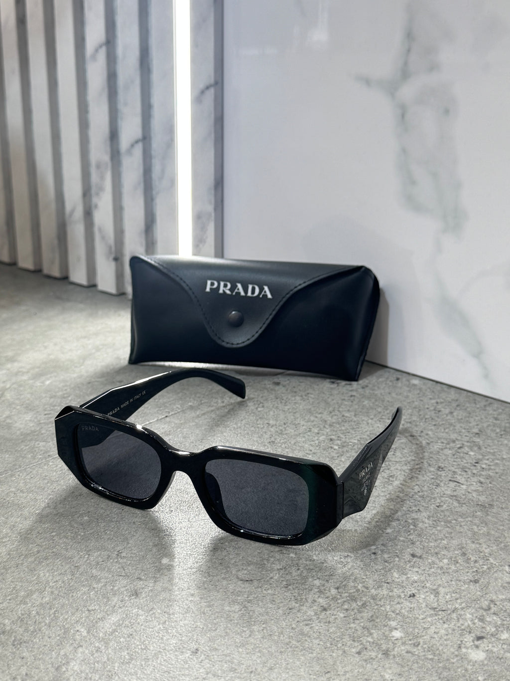 PRADA Symbole Rectangular Sunglasses – Solid Black NEW1800