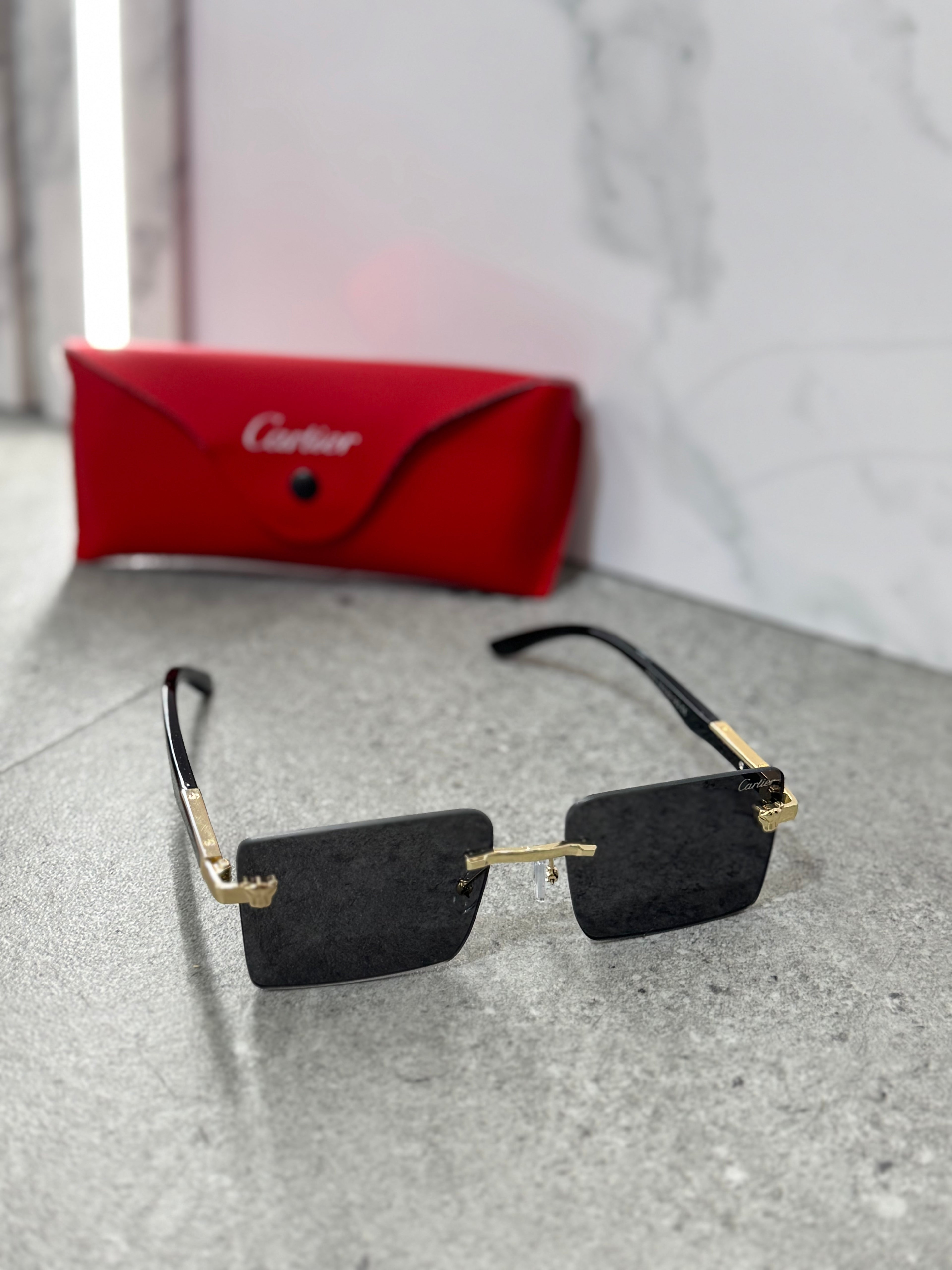 CARTIER Panthère Rimless Rectangular Sunglasses – Gold / Grey NEW1798