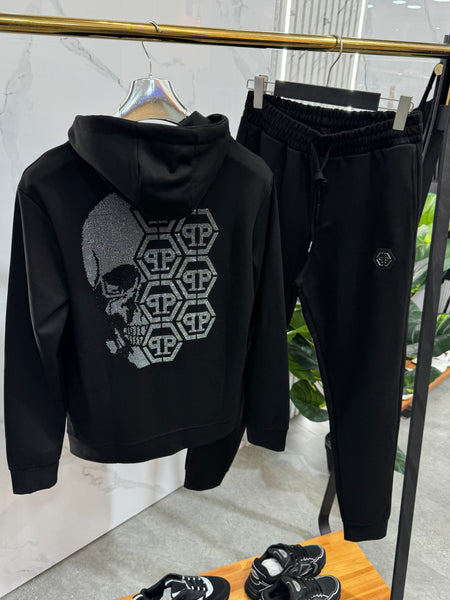 PHILIPP PLEIN Rhinestone Skull Hexagon Zipped Hoodie Tracksuit Set – Black - NEW1990