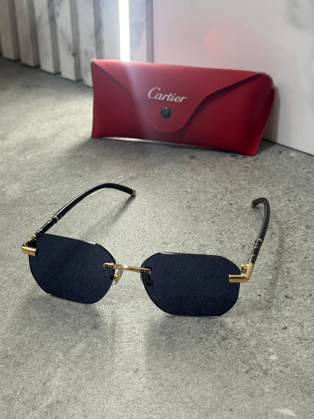 CARTIER Rimless Octagon Sunglasses – Gold / Dark Blue NEW1797