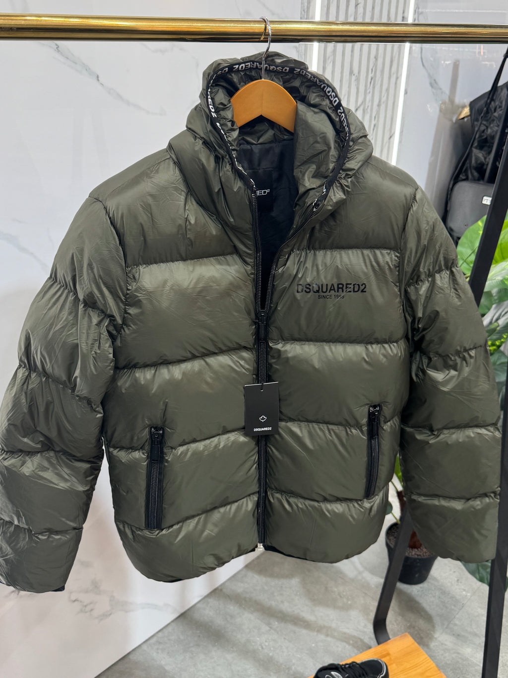 Glossy Hooded Puffer Jacket – Khaki - NEW1934