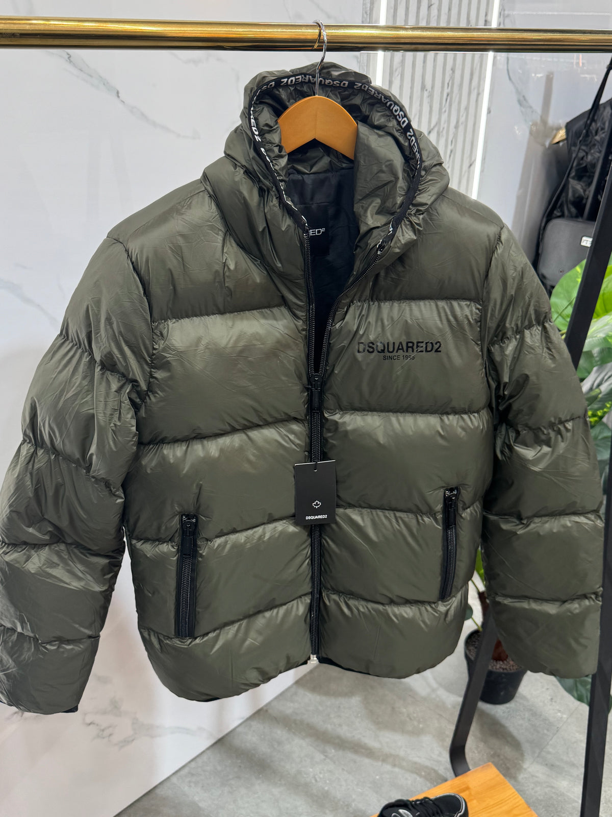 Glossy Hooded Puffer Jacket – Khaki - NEW1934
