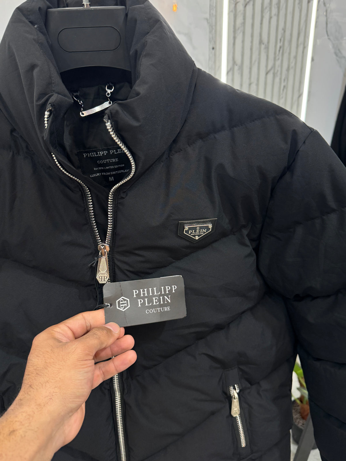 PHILIPP PLEIN Chevron Quilted Puffer Jacket – Black - NEW1983