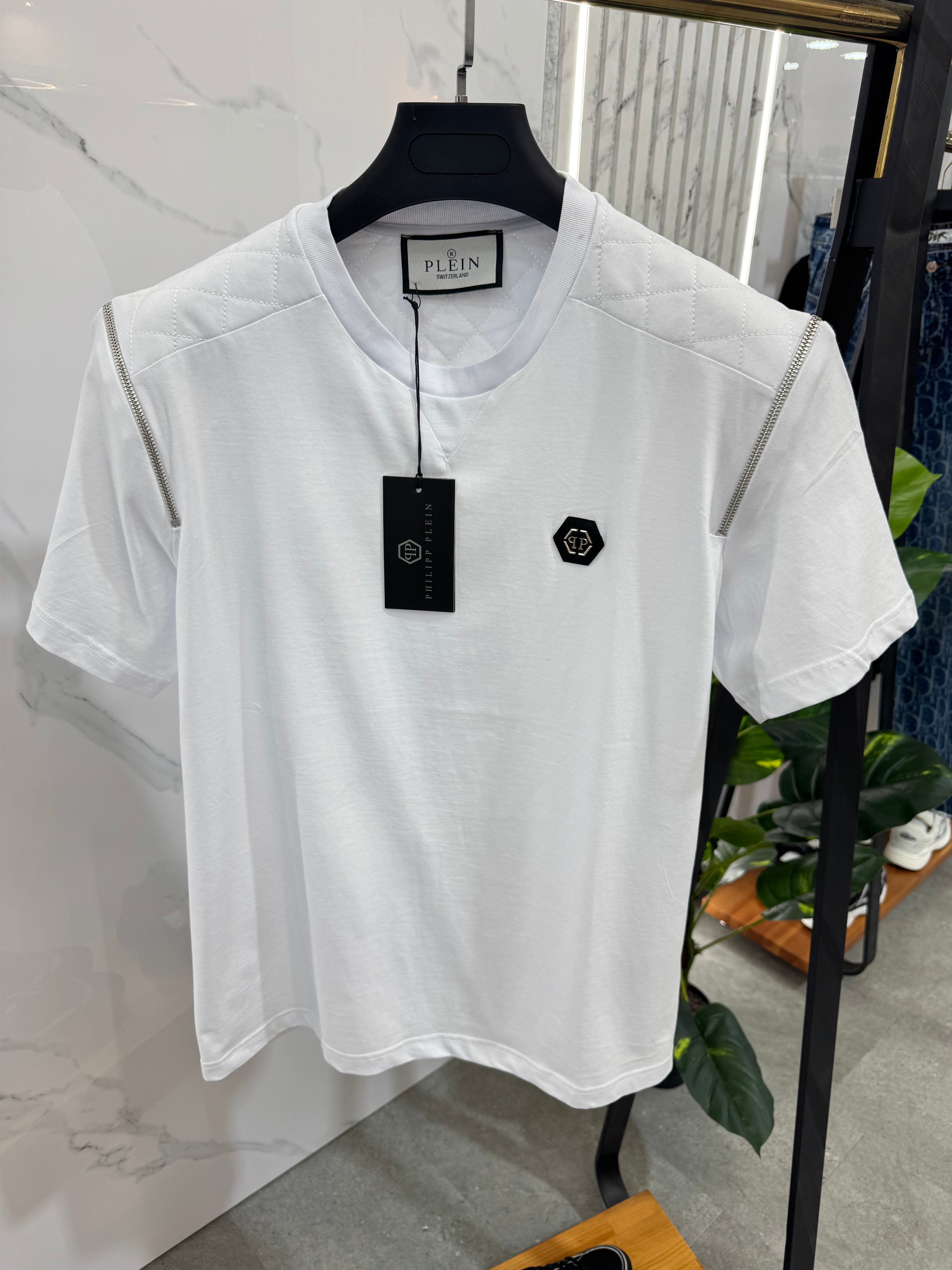 PHILIPP PLEIN Quilted Shoulder Zipper T-Shirt – White - NEW1763