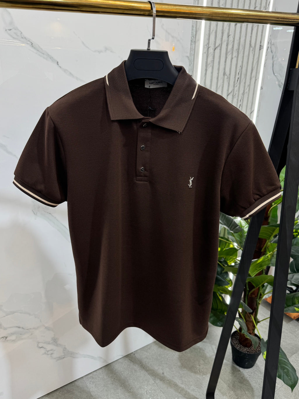SAINT LAURENT Tipped Collar Cassandre Embroidered Short-Sleeve Polo Shirt – Brown - NEW1969