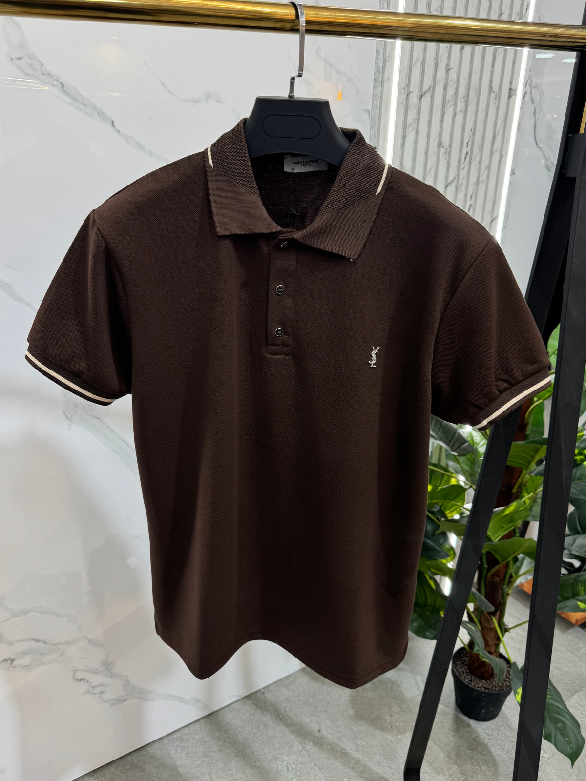 SAINT LAURENT Tipped Collar Cassandre Embroidered Short-Sleeve Polo Shirt – Brown - NEW1969