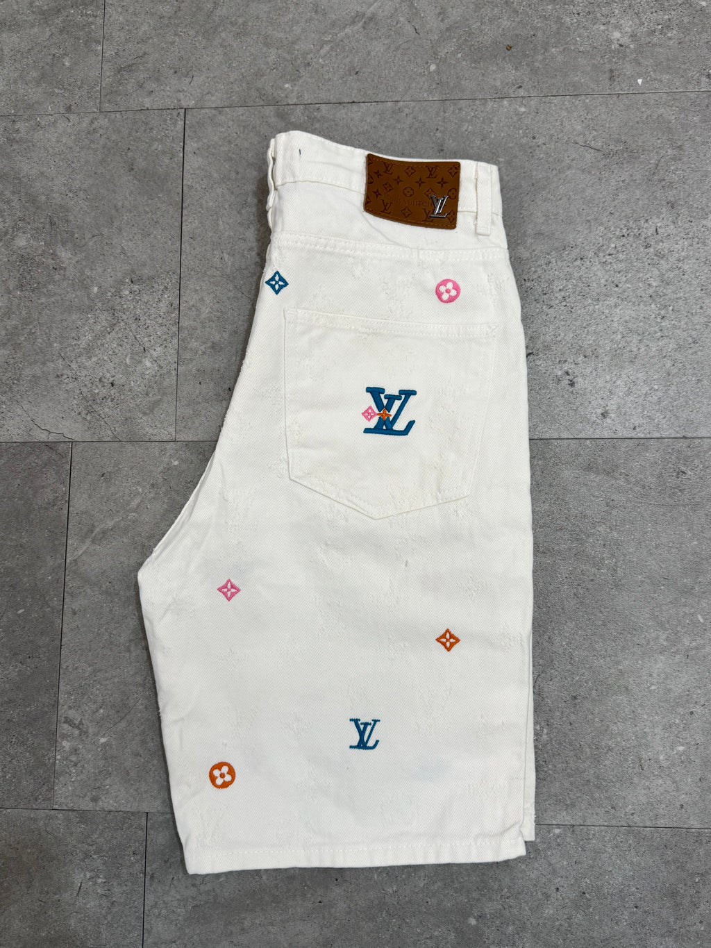 Louis Vuitton Monogram Embroidered White Denim Shorts - NEW1654