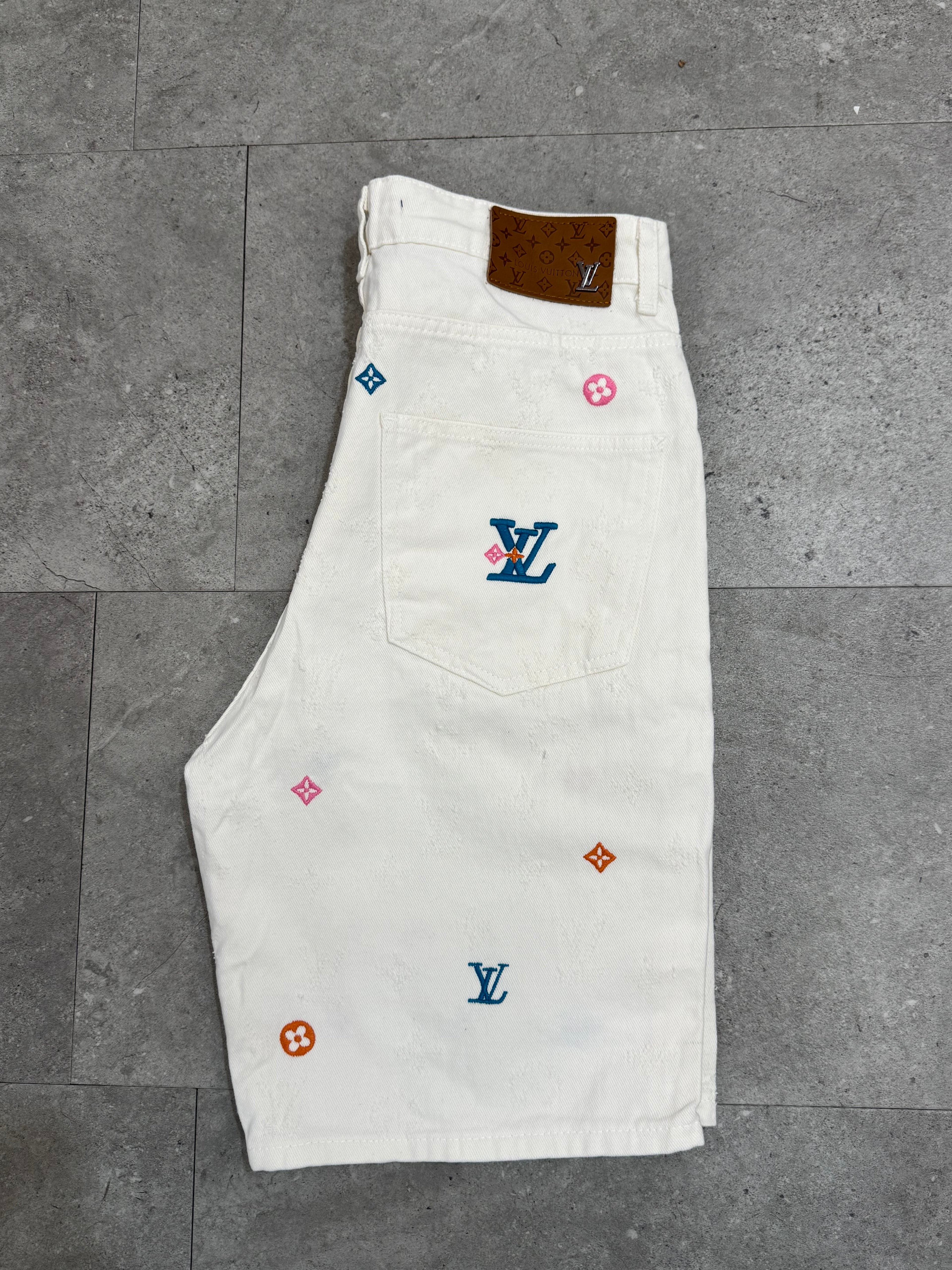 Louis Vuitton Monogram Embroidered White Denim Shorts - NEW1654