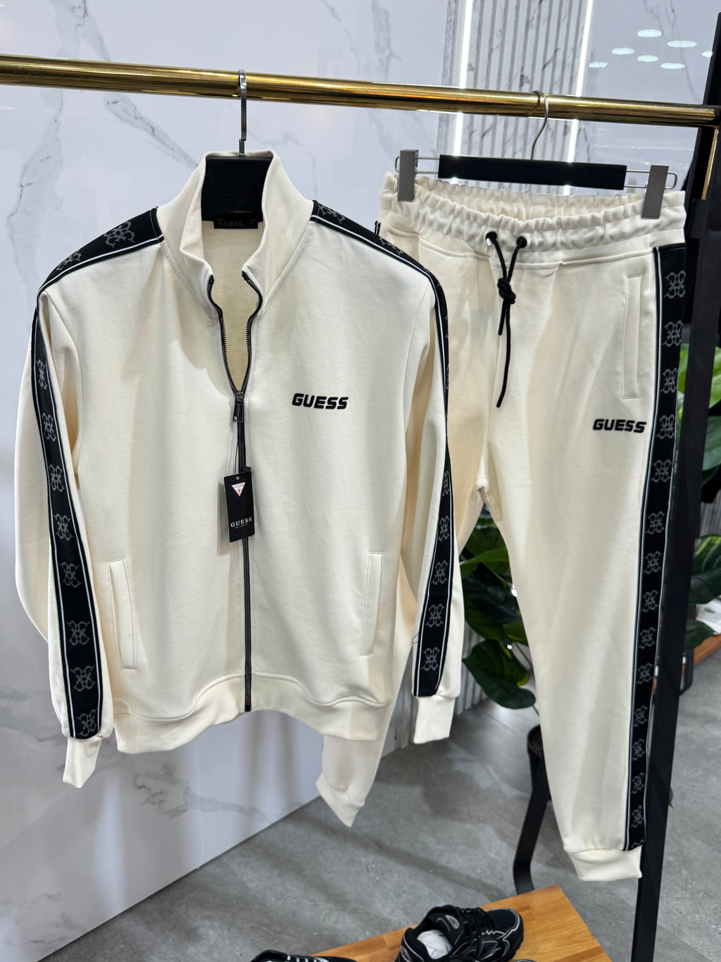 GUESS Logo Tape Tracksuit Set – Cream / Black - NEW1987