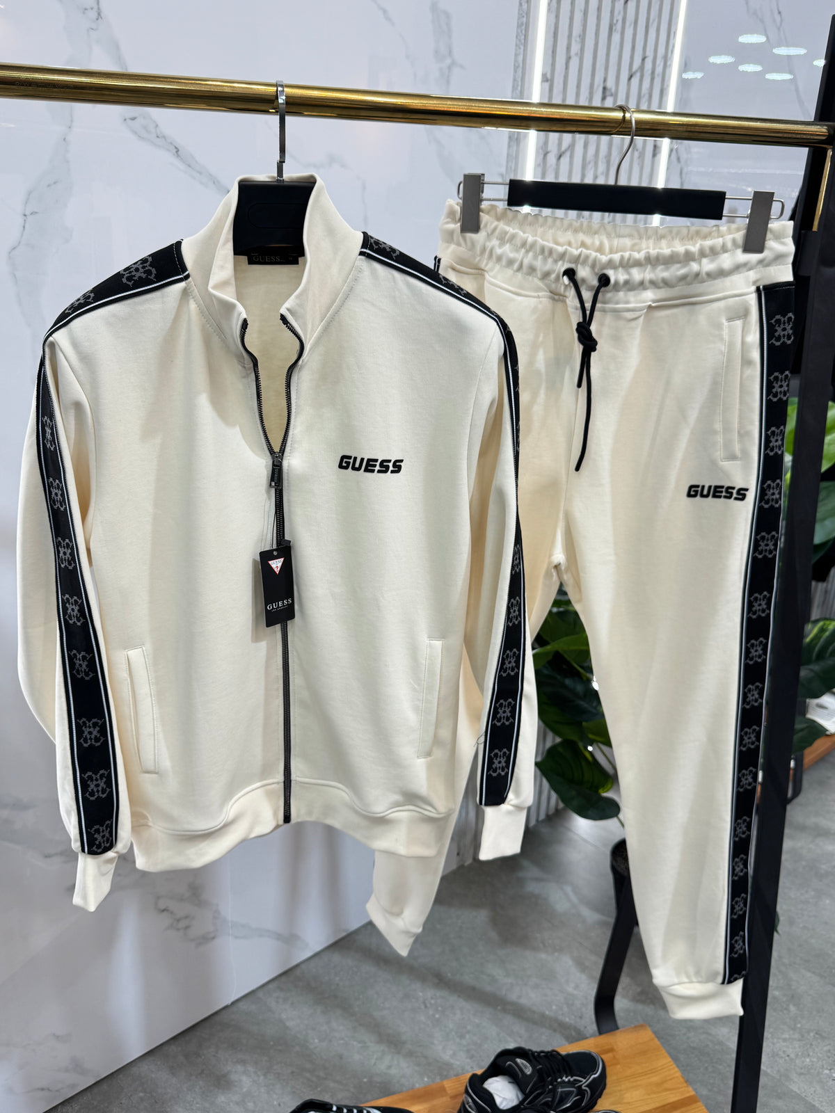 GUESS Logo Tape Tracksuit Set – Cream / Black - NEW1987