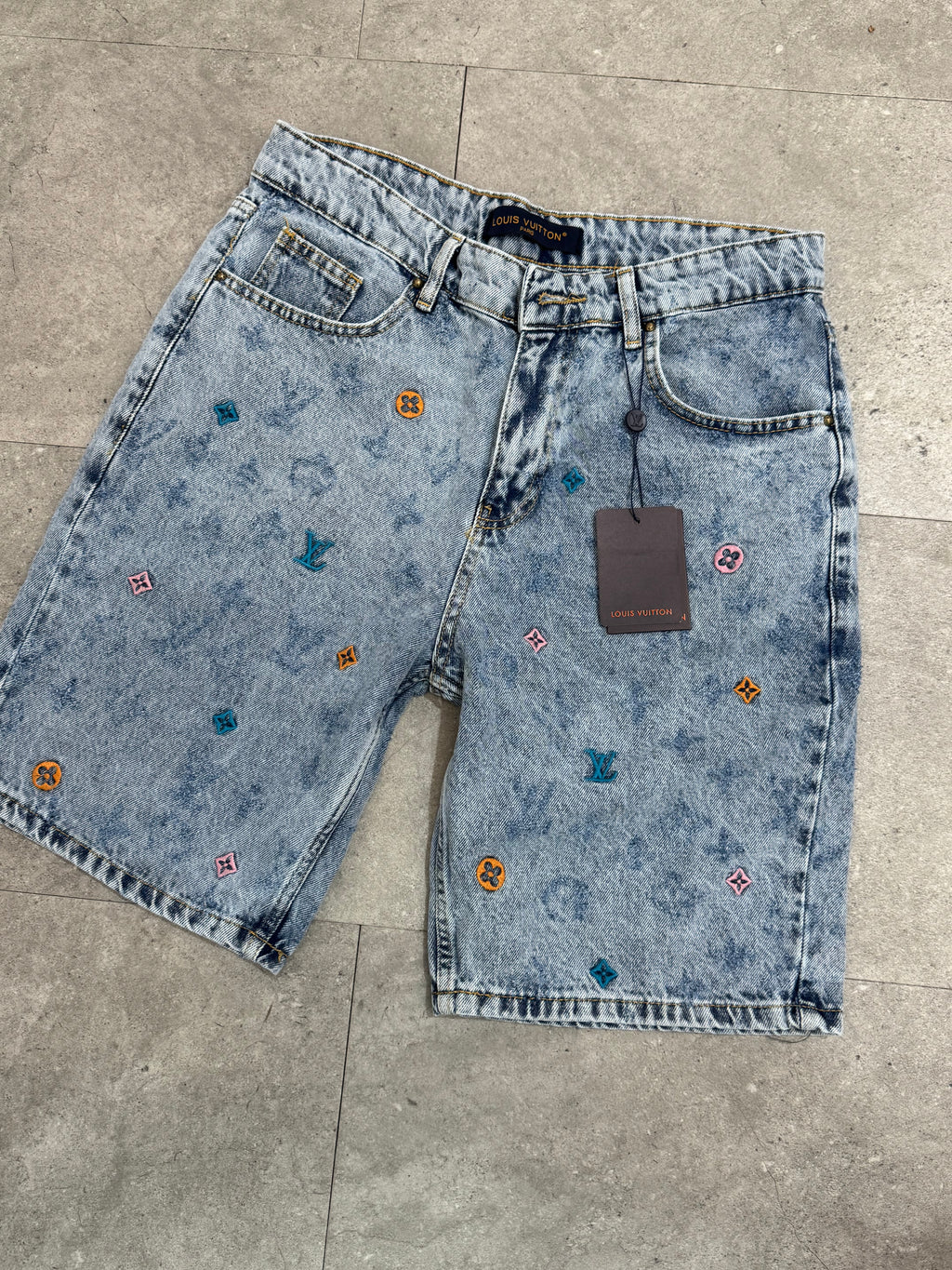 Louis Vuitton Monogram Embroidered Acid Wash Denim Shorts - NEW1655